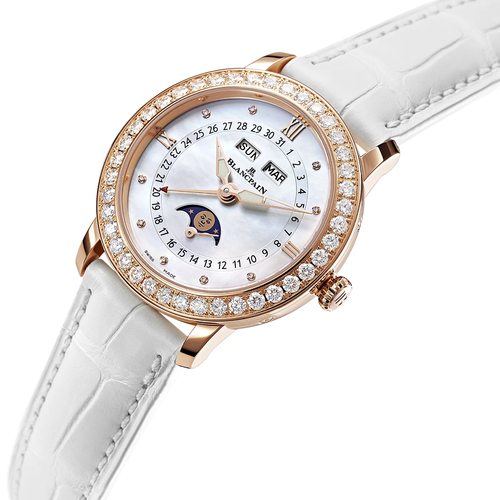 Ladybird Quantième Complet | 35mm, 18K Rose Gold, Alligator Leather, Diamond White Dial - Image 2