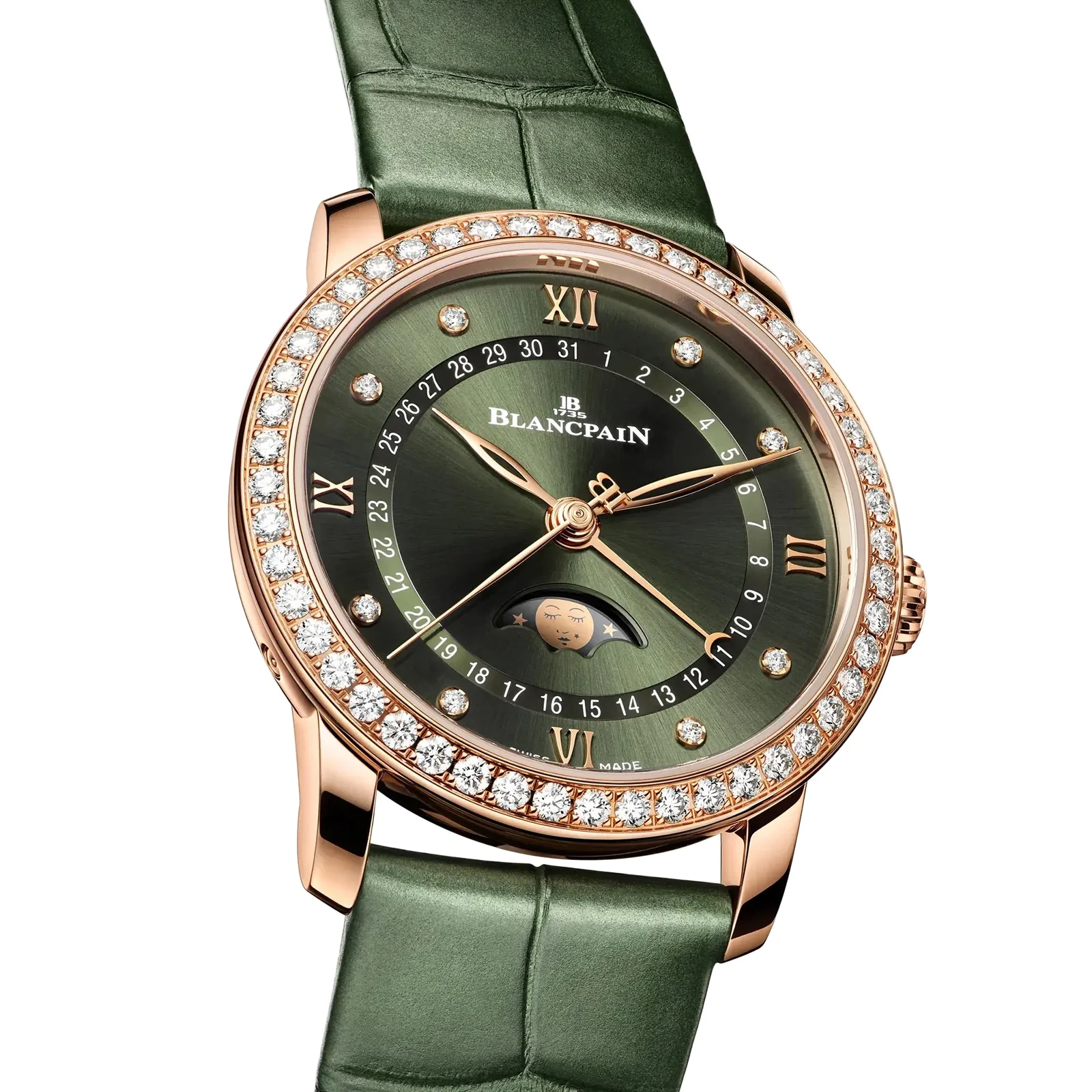 Villeret Quantième Phases de Lune | 33mm, 18K Rose Gold, Alligator Leather, Diamond Green Dial - Image 3