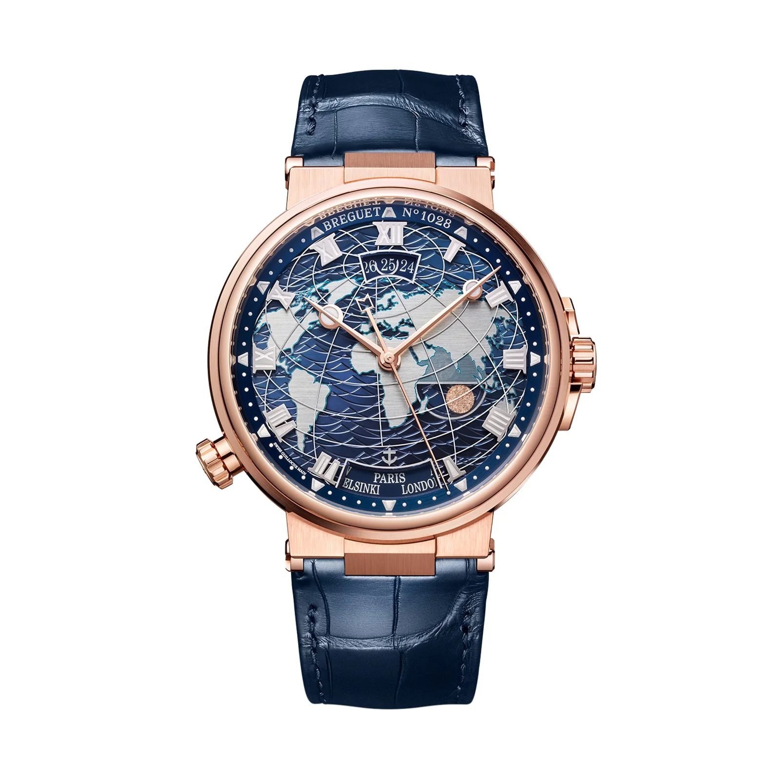 Marine Hora Mundi 5557 | 43.5mm, 18K Rose Gold, Rubber, Blue Dial