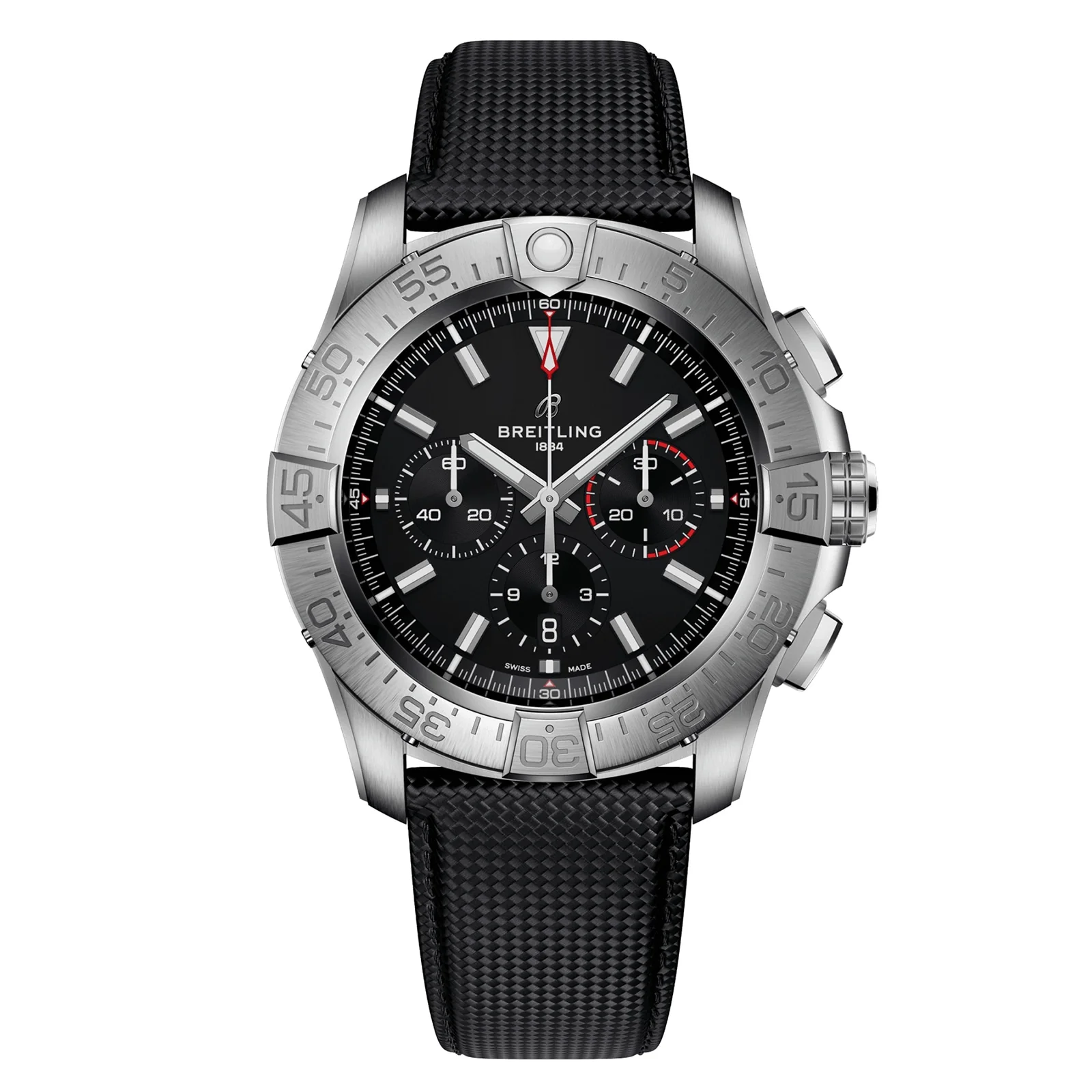 Super Avenger B01 Chronograph 46 | 46mm, Steel, Leather, Black Dial