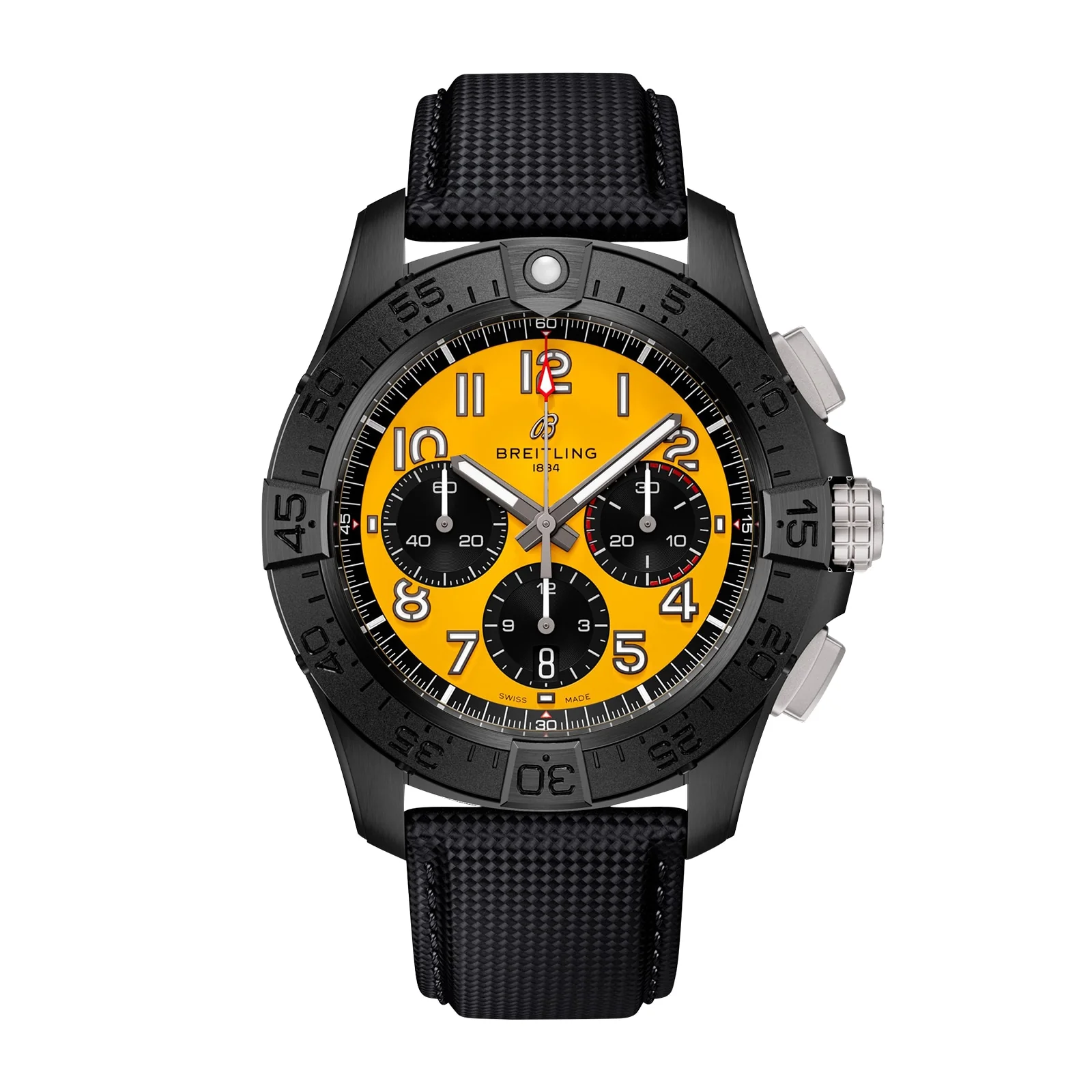 Avenger B01 Chronograph 44 Night Mission | 44mm, Ceramic, Leather, Yellow Dial, Ref. SB0147101I1X2