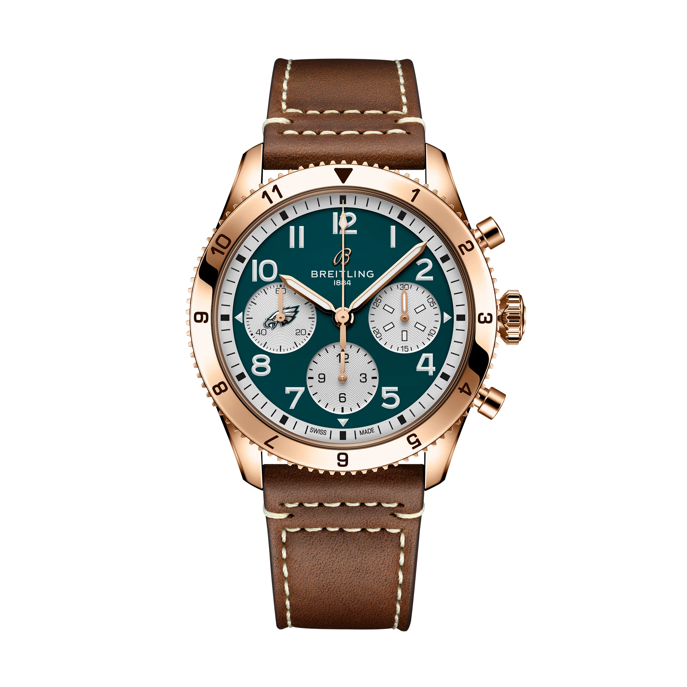 Classic Avi Chronograph 42 NFL Philadelphia Eagles Edition | 42mm, 18K Rose Gold, Leather, Green Jade Dial