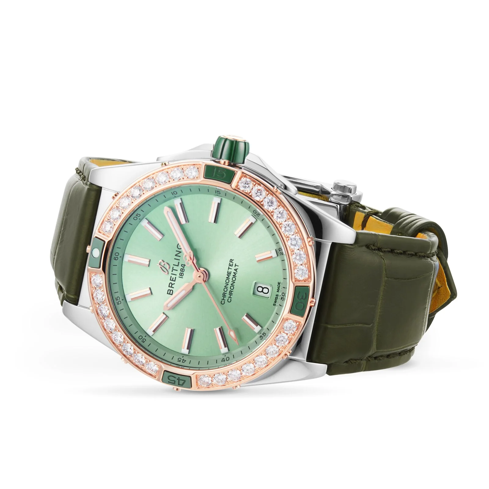 Super Chronomat Automatic 38 | 38mm, Two-Tone Steel & 18K Rose Gold, Alligator Leather, Green Dial - Image 3