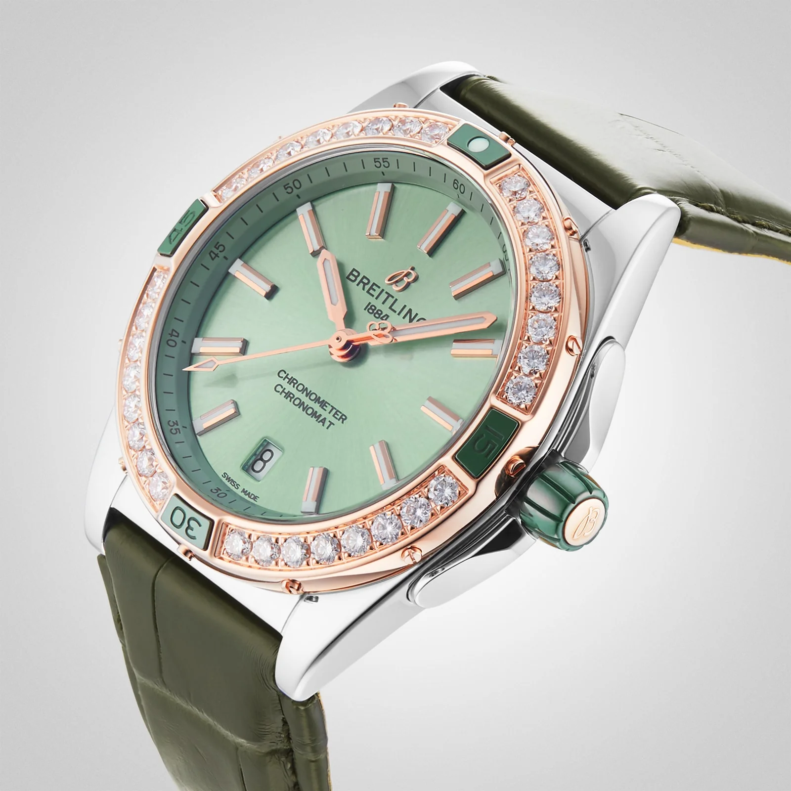 Super Chronomat Automatic 38 | 38mm, Two-Tone Steel & 18K Rose Gold, Alligator Leather, Green Dial - Image 6