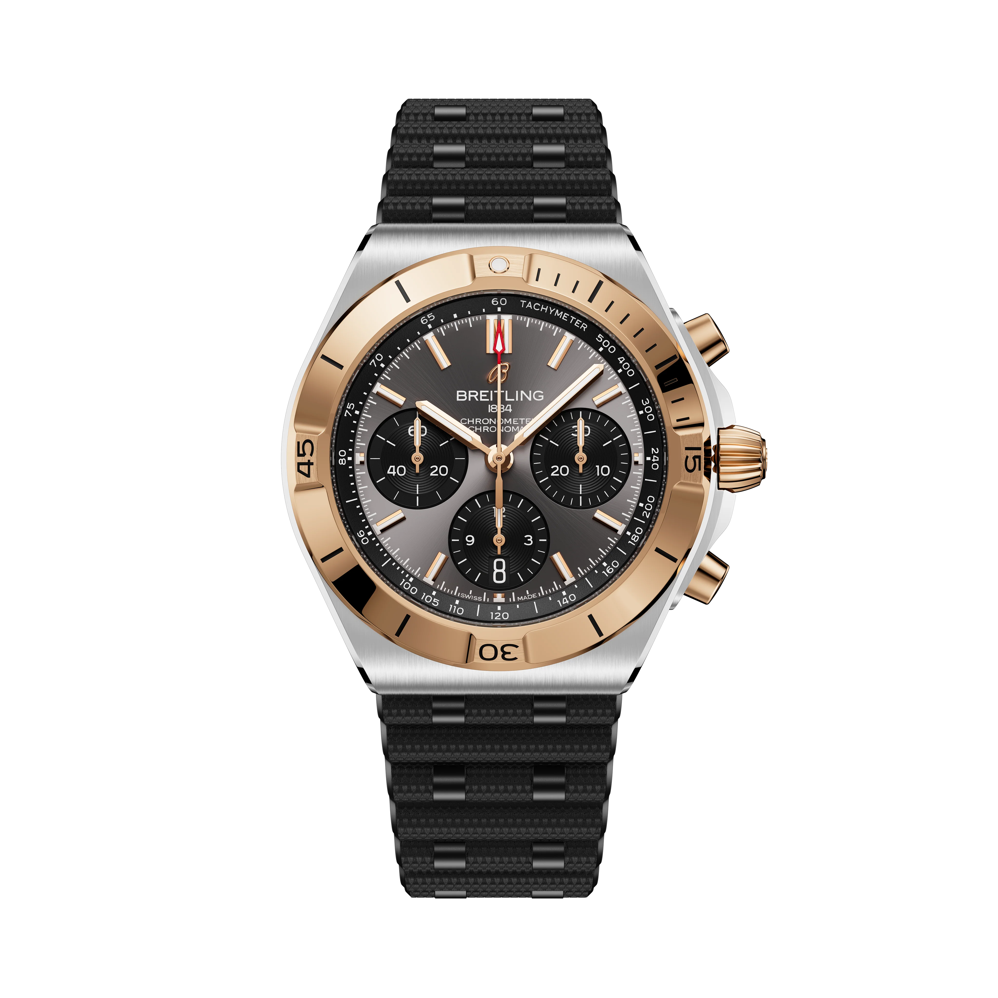 Chronomat B01 42 | 42mm, Two-Tone Stainless Steel & 18K Rose Gold, Grey Dial, Black Strap