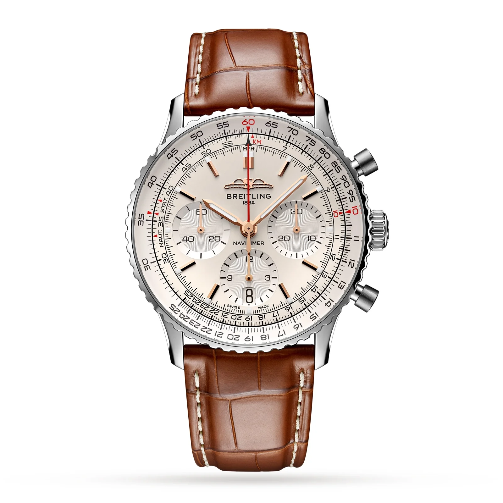 Navitimer B01 Chronograph 41 | 41mm, Steel, Alligator Leather, Silver Dial, Ref. AB0139211G1P1