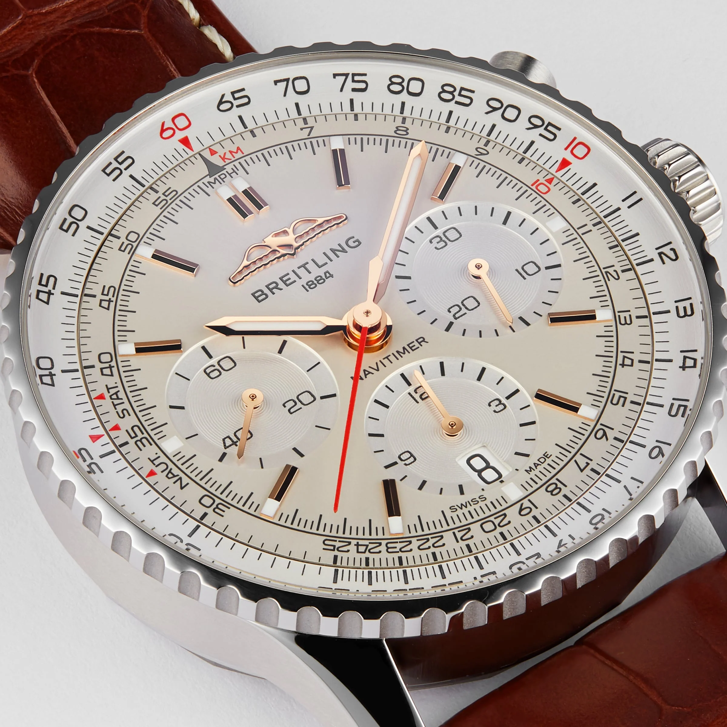 Navitimer B01 Chronograph 41 | 41mm, Steel, Alligator Leather, Silver Dial, Ref. AB0139211G1P1 - Image 8