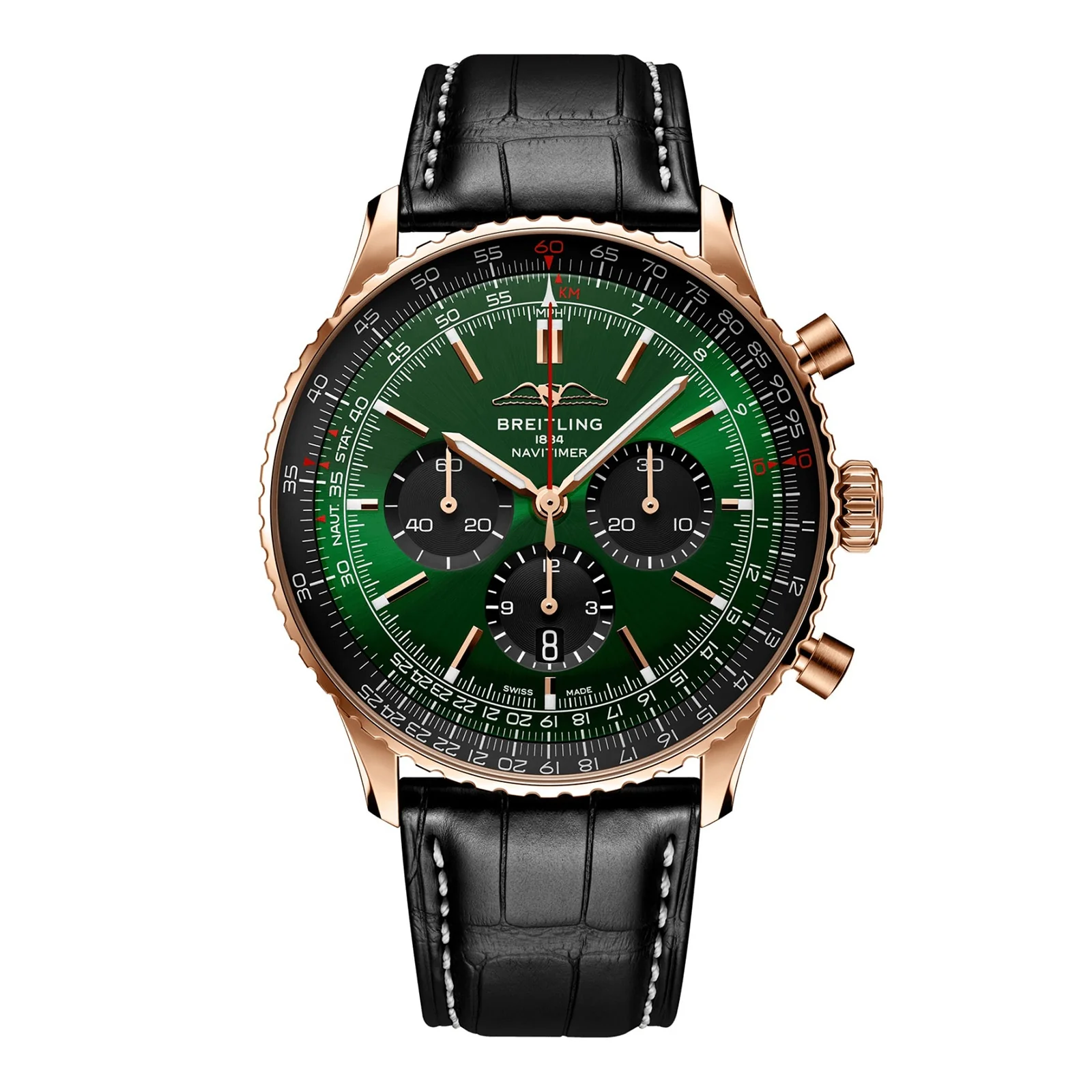 Navitimer B01 Chronograph 46 | 46mm, 18K Rose Gold, Alligator Leather, Green Dial