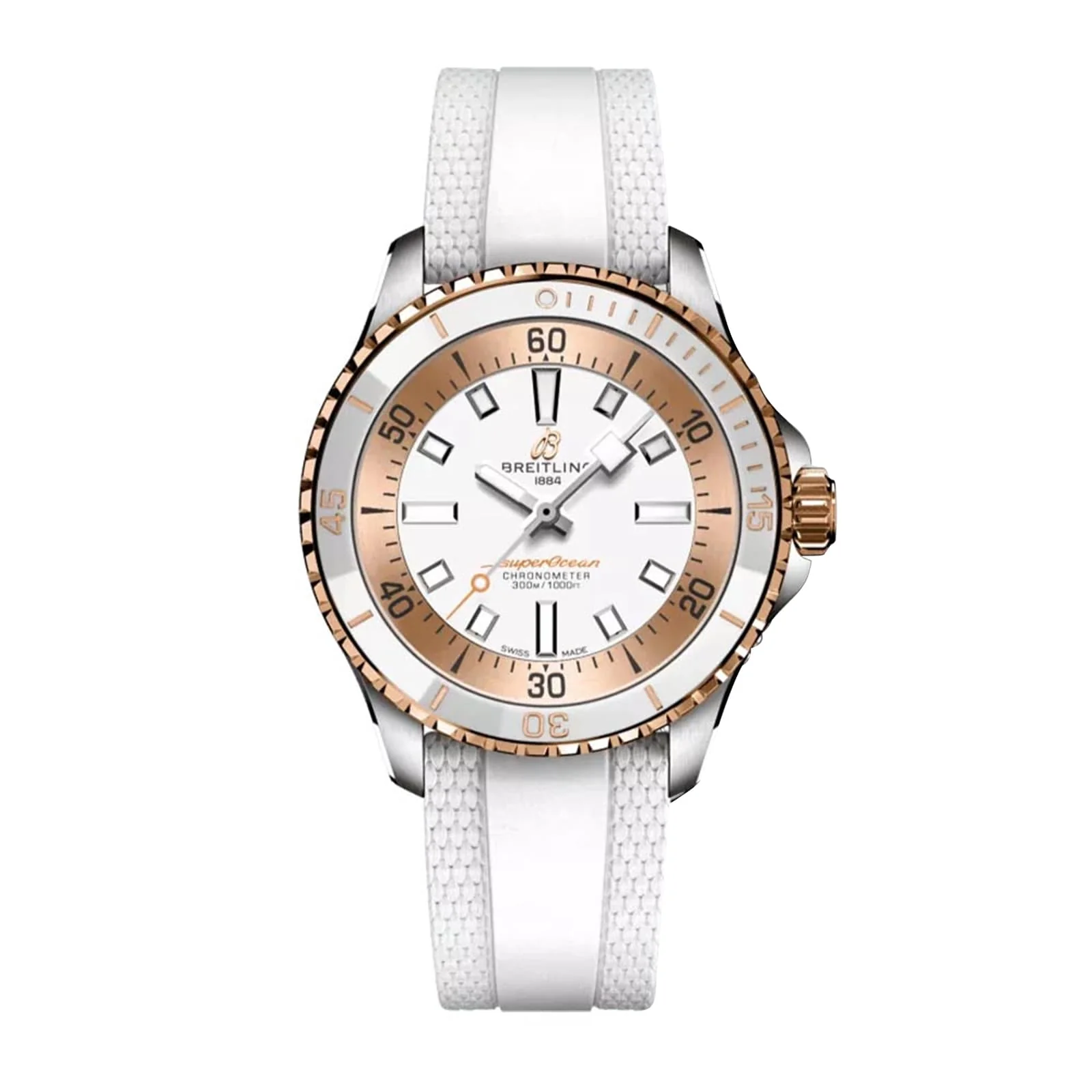 Superocean Automatic 36 | 36mm, Two-Tone Steel & 18K Rose Gold, Rubber, White Dial, Silver Bezel