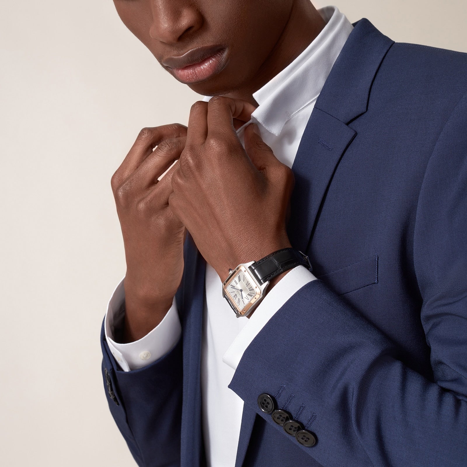 Santos-Dumont Large Model 43.5 | 31.5mm, Two-Tone Steel & 18K Rose Gold, Alligator Leather, Silver Dial - Image 10