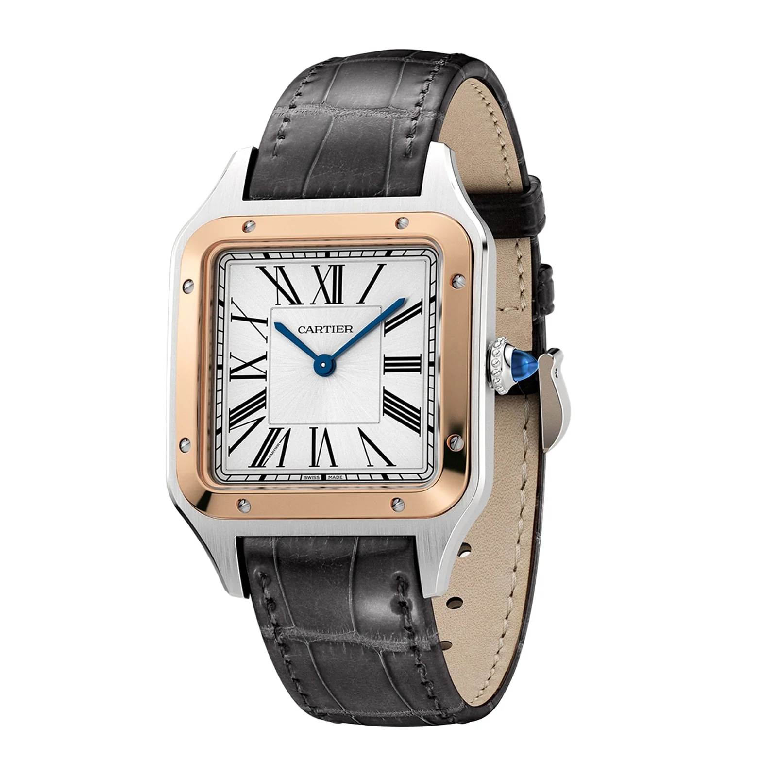 Santos-Dumont Large Model 43.5 | 31.5mm, Two-Tone Steel & 18K Rose Gold, Alligator Leather, Silver Dial - Image 2
