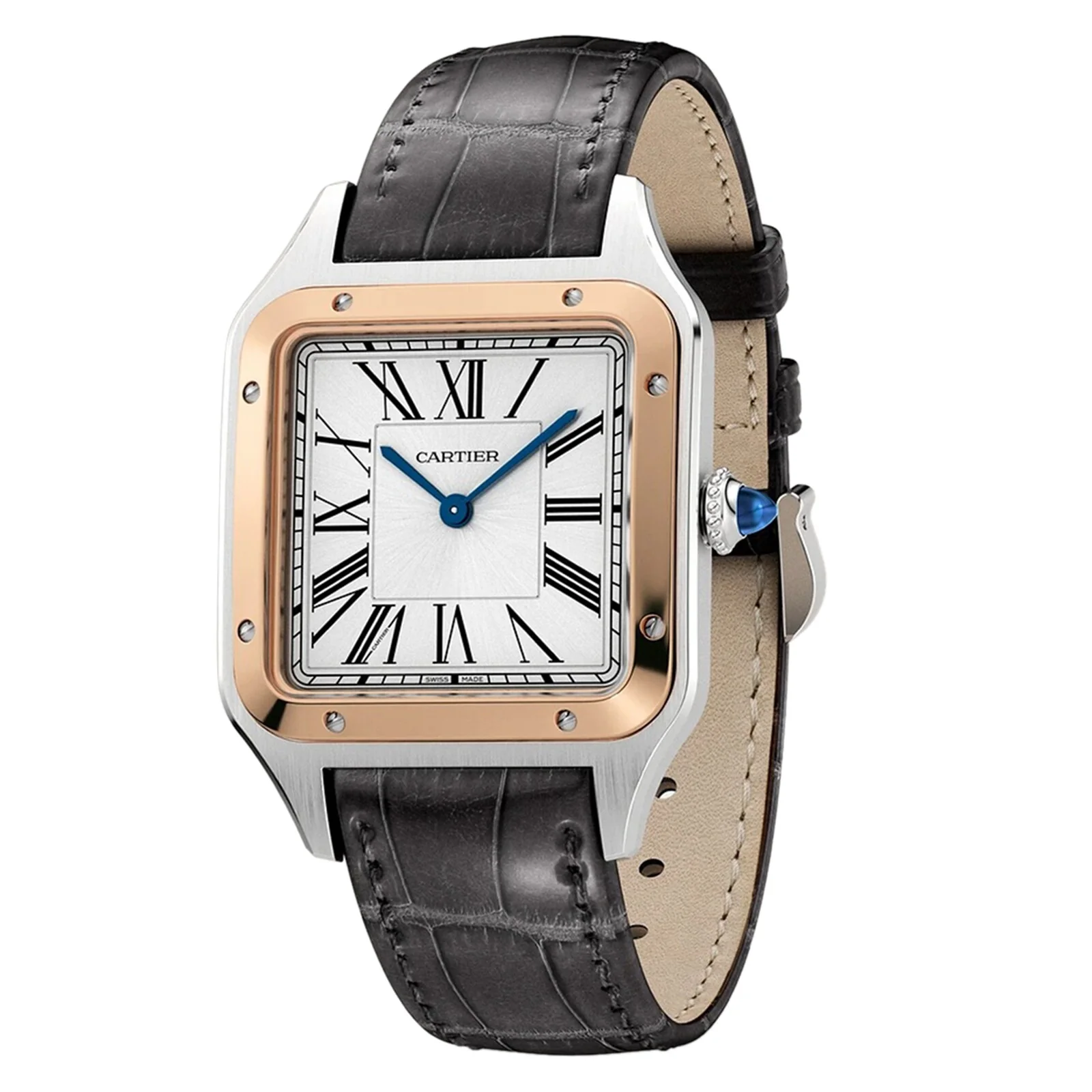 Santos-Dumont Large Model 31.5 | 31.5mm, Two-Tone Steel & 18K Rose Gold, Alligator Leather, Silver Dial - Image 2