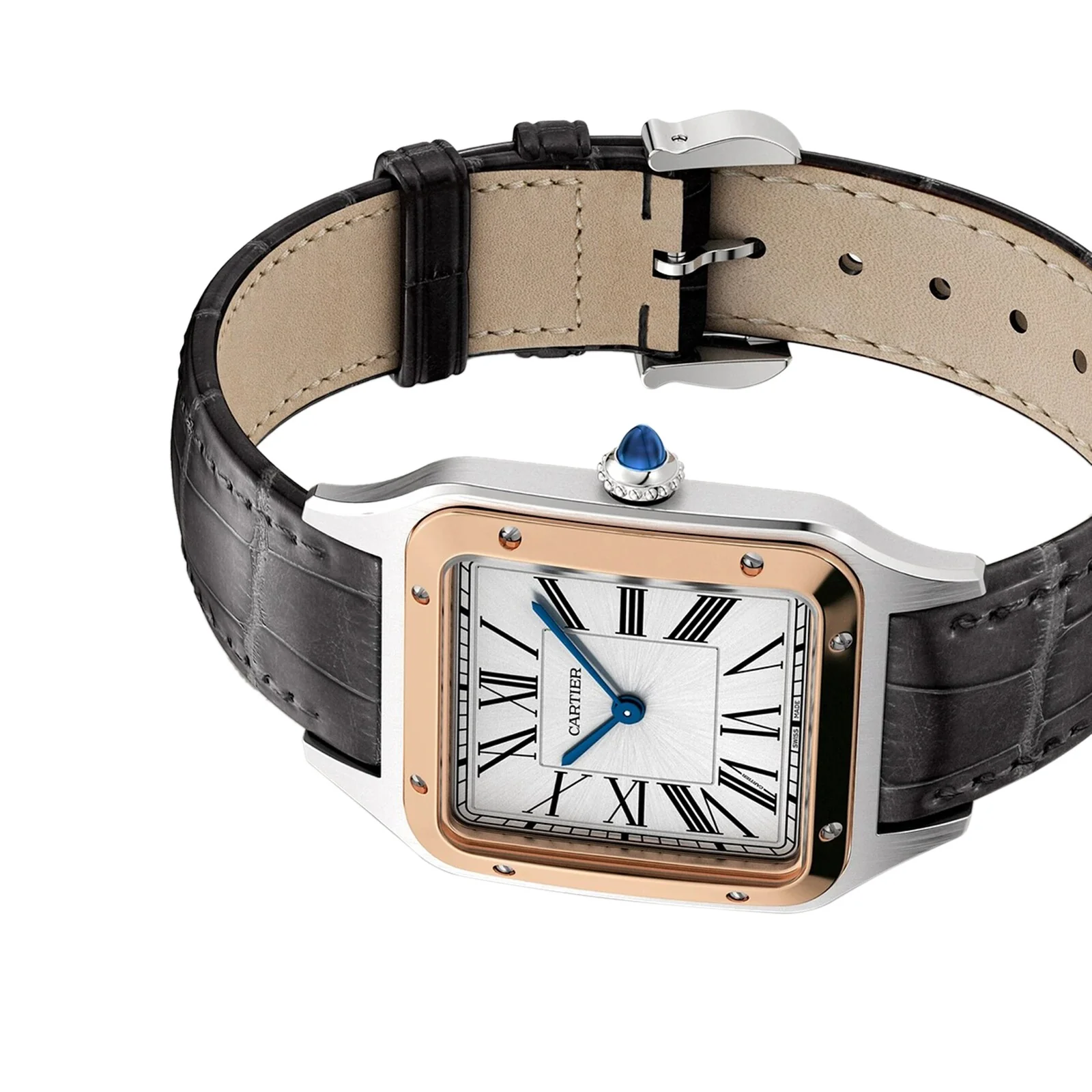 Santos-Dumont Large Model 31.5 | 31.5mm, Two-Tone Steel & 18K Rose Gold, Alligator Leather, Silver Dial - Image 5