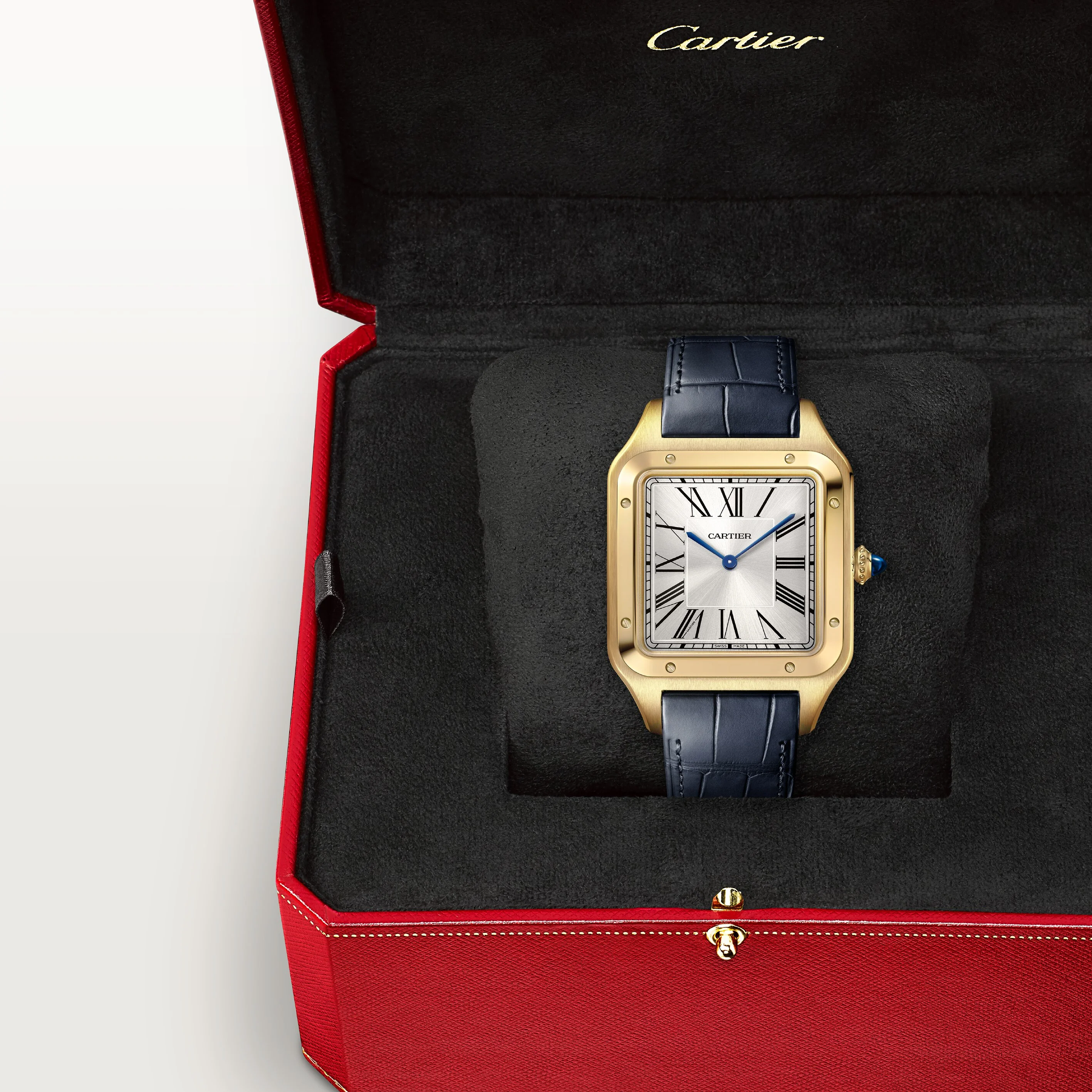 Santos-Dumont Extra-Large Model | 34mm, 18K Yellow Gold, Alligator Leather, Silver Dial - Image 3