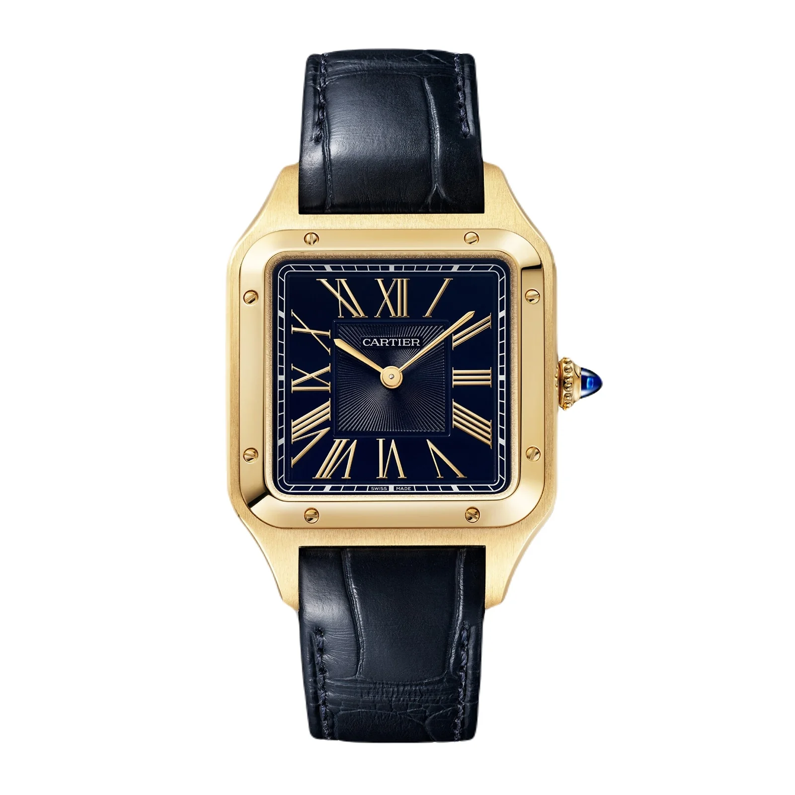 Santos-Dumont Large Model | 31.5mm, 18K Yellow Gold, Alligator Leather, Blue Dial
