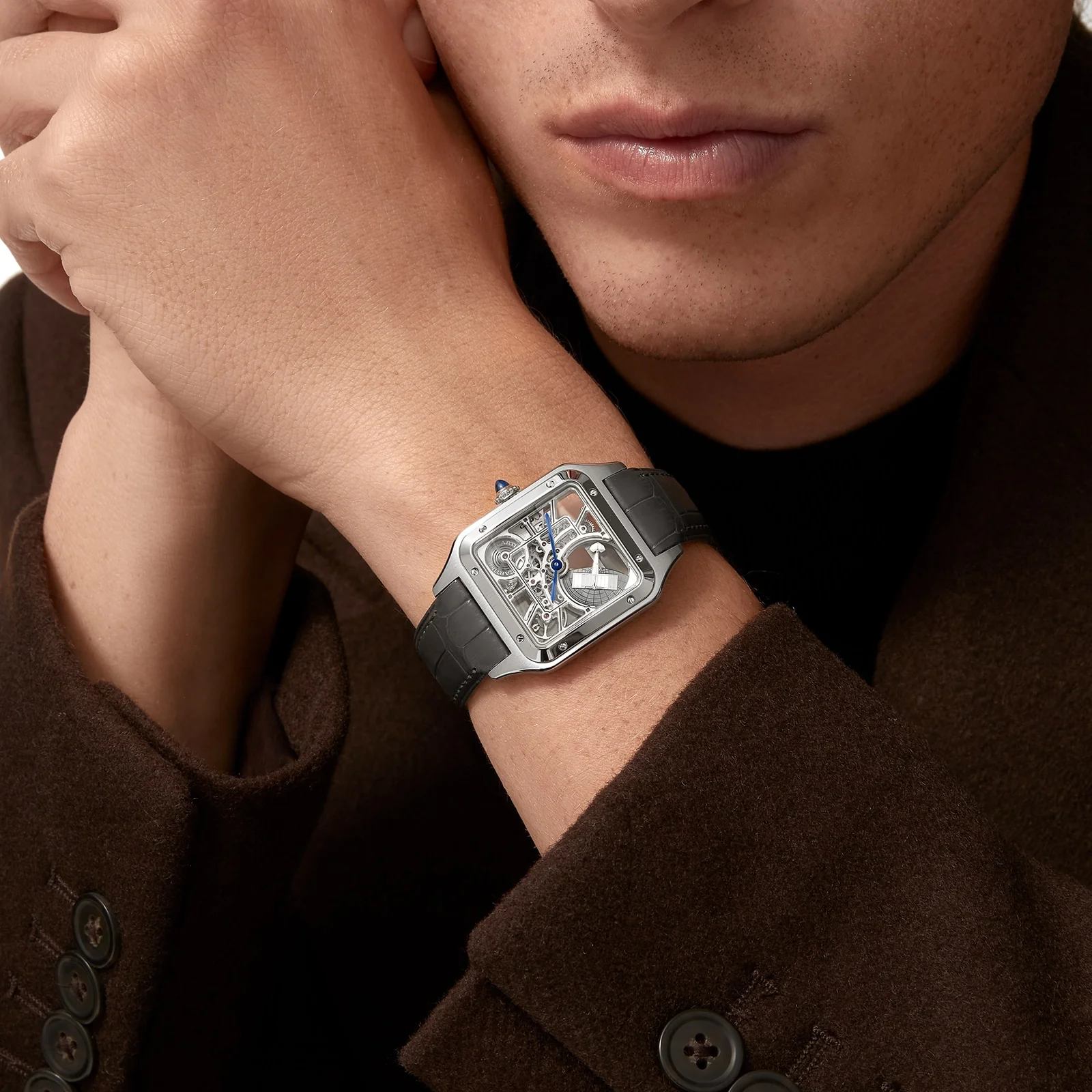 Santos-Dumont Skeleton with Micro-Rotor Large Model | 31mm, Steel, Alligator Leather, Silver Dial - Image 9