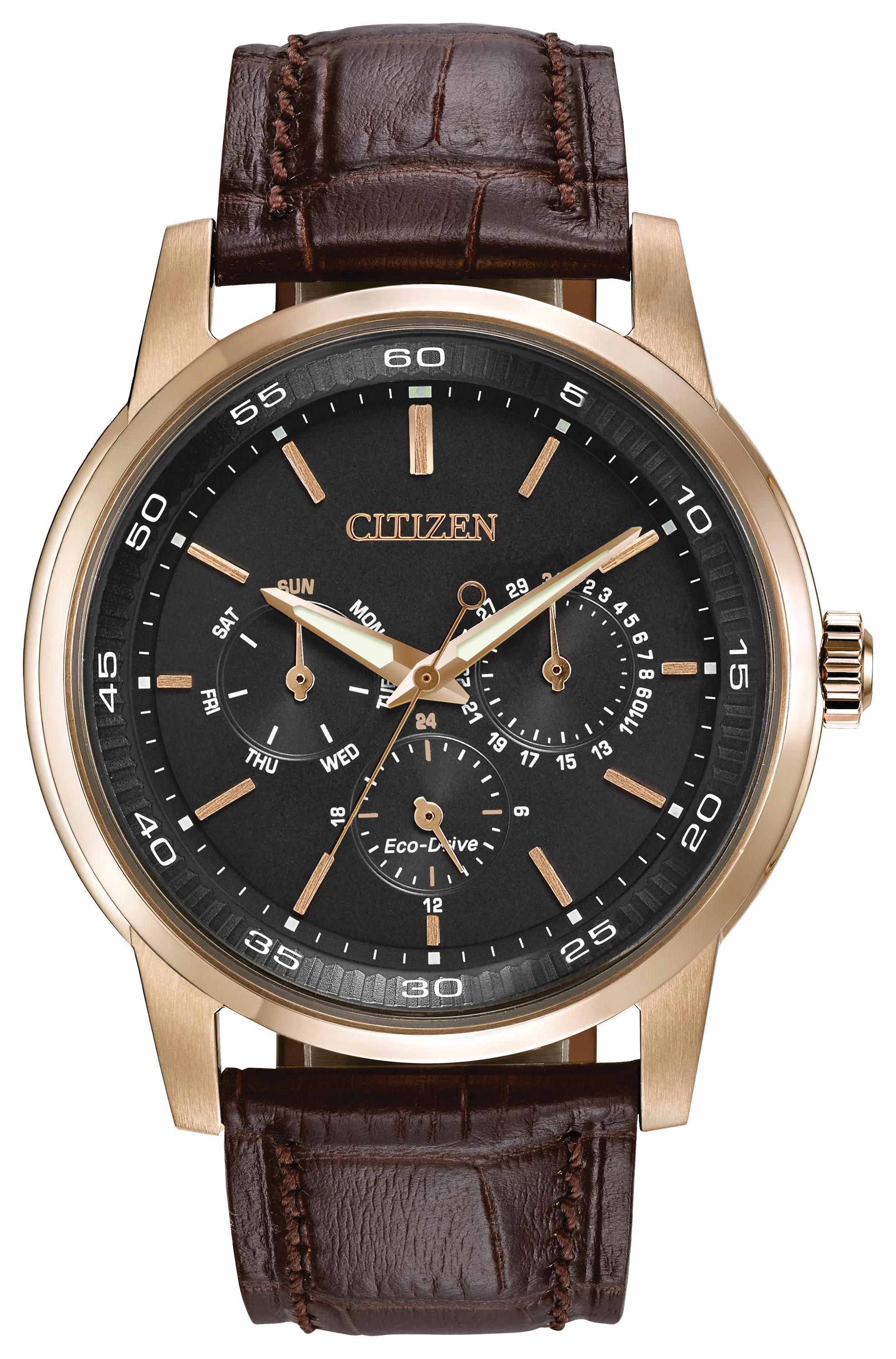 Classic Eco | 44mm, 14K Rose Gold Plated Steel, Leather, Black Dial