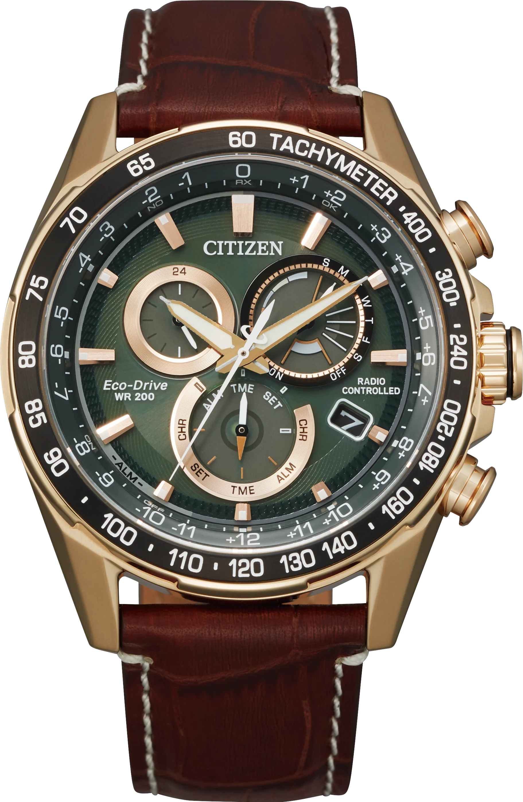 PCAT | 43mm, 14K Rose Gold Plated Steel, Leather, Green Dial