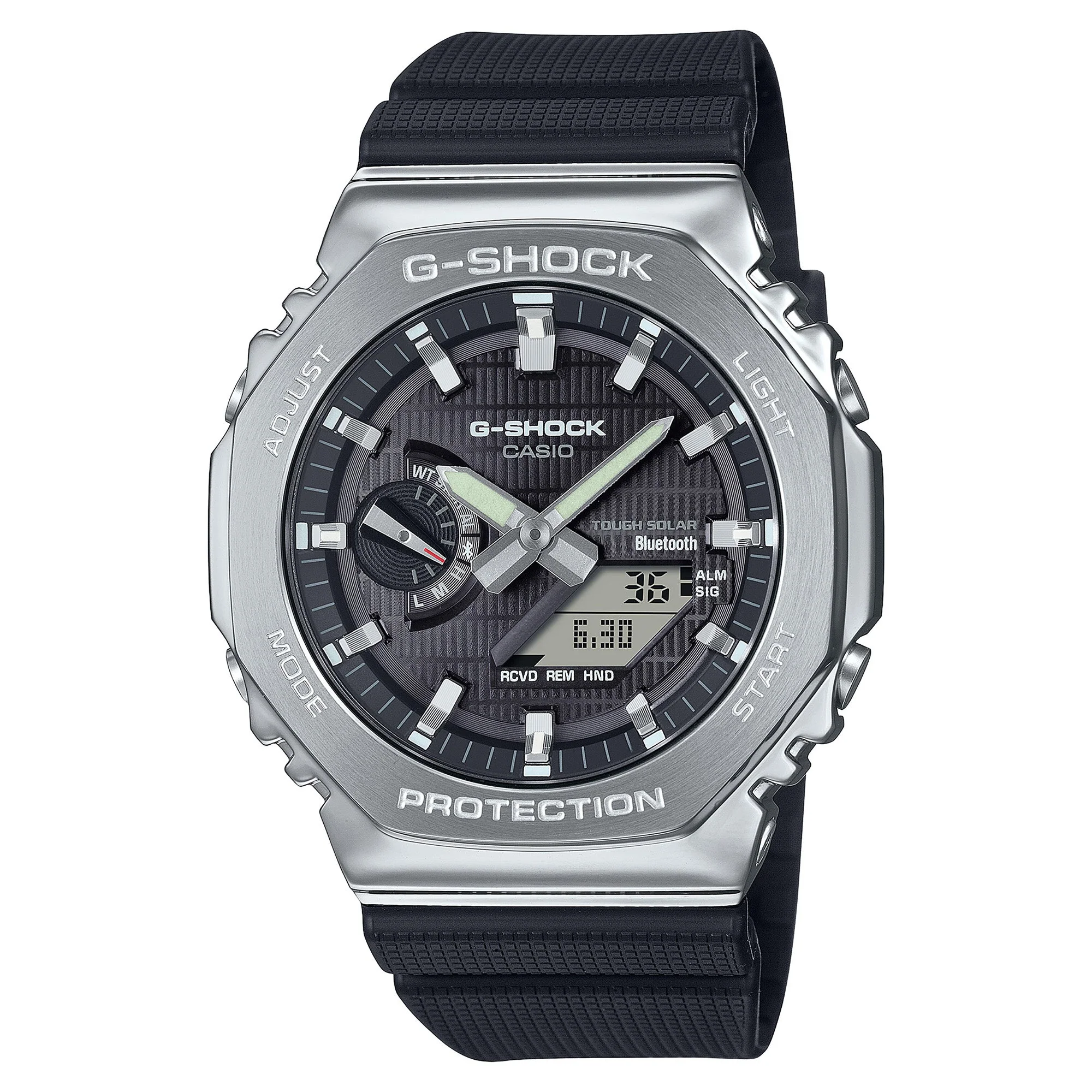 GBM-2100-1A Solar G Steel Steel / Resin Silver | 49mm, Steel & Rubber Coating, Resin, Black Dial