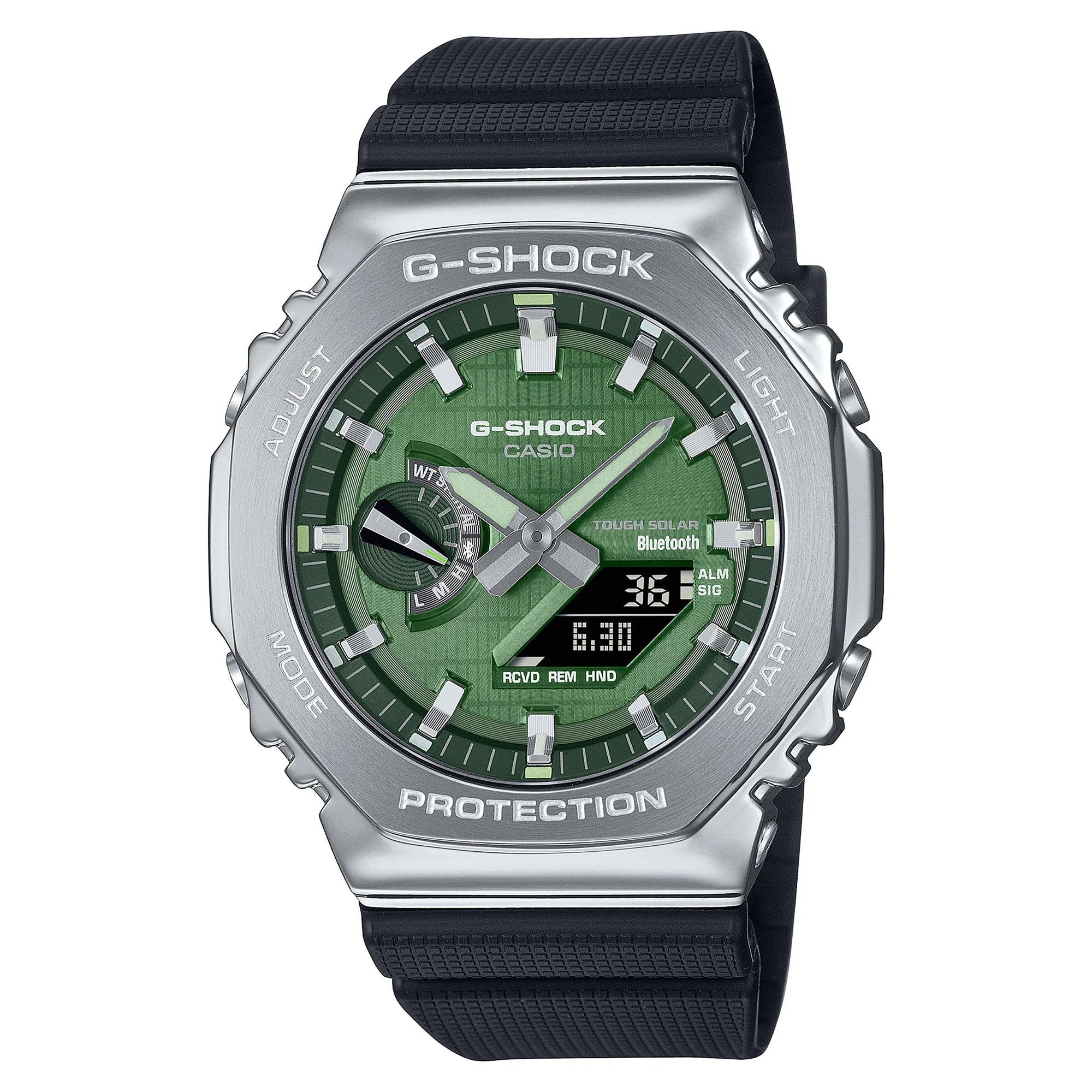 GBM-2100A-1A3 Solar G Steel Steel / Resin Silver | 49mm, Steel & Rubber Coating, Resin, Green Dial