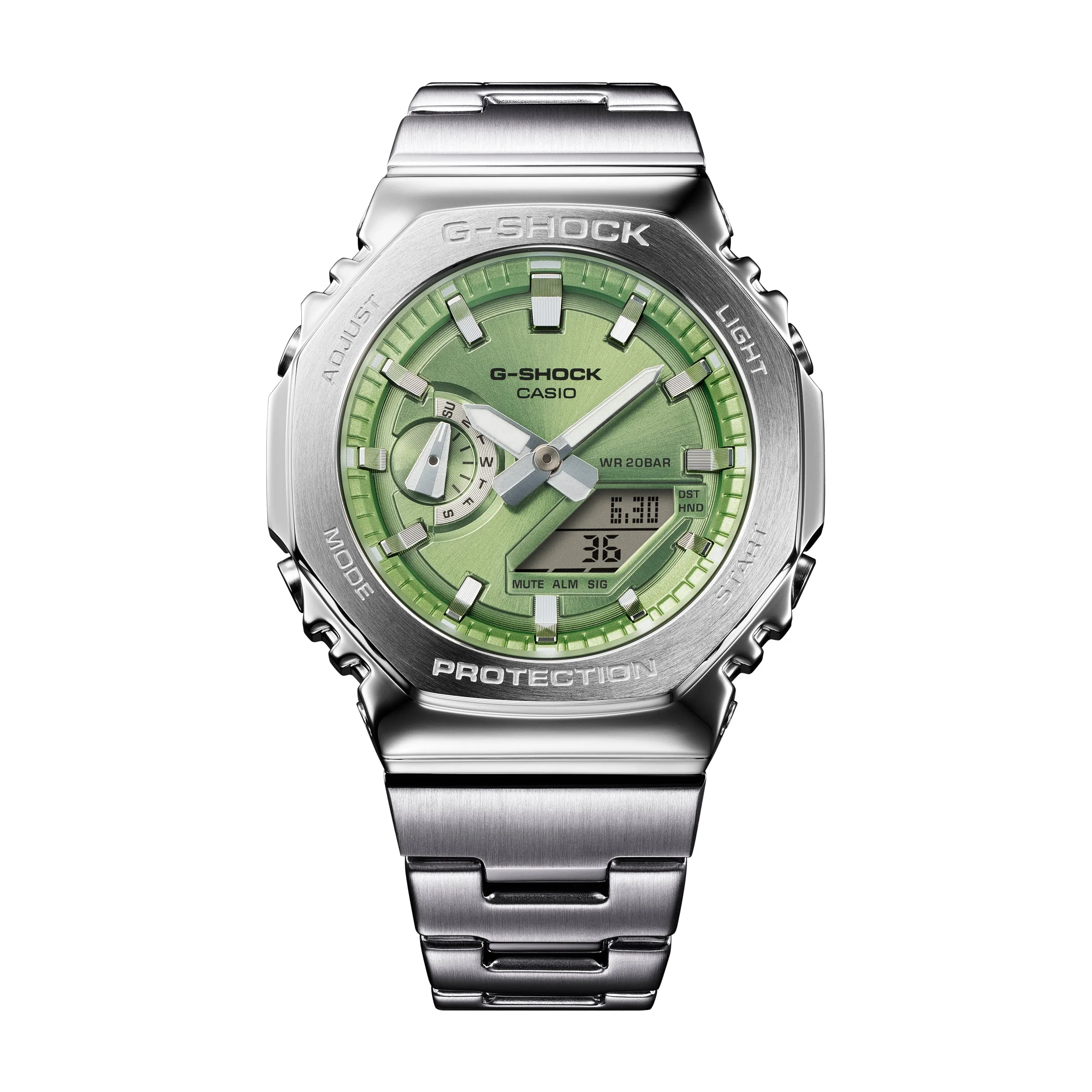 GM-2110D-3A Quartz G Steel Steel / Resin Silver | 49mm, Steel & Rubber Coating, Green Dial