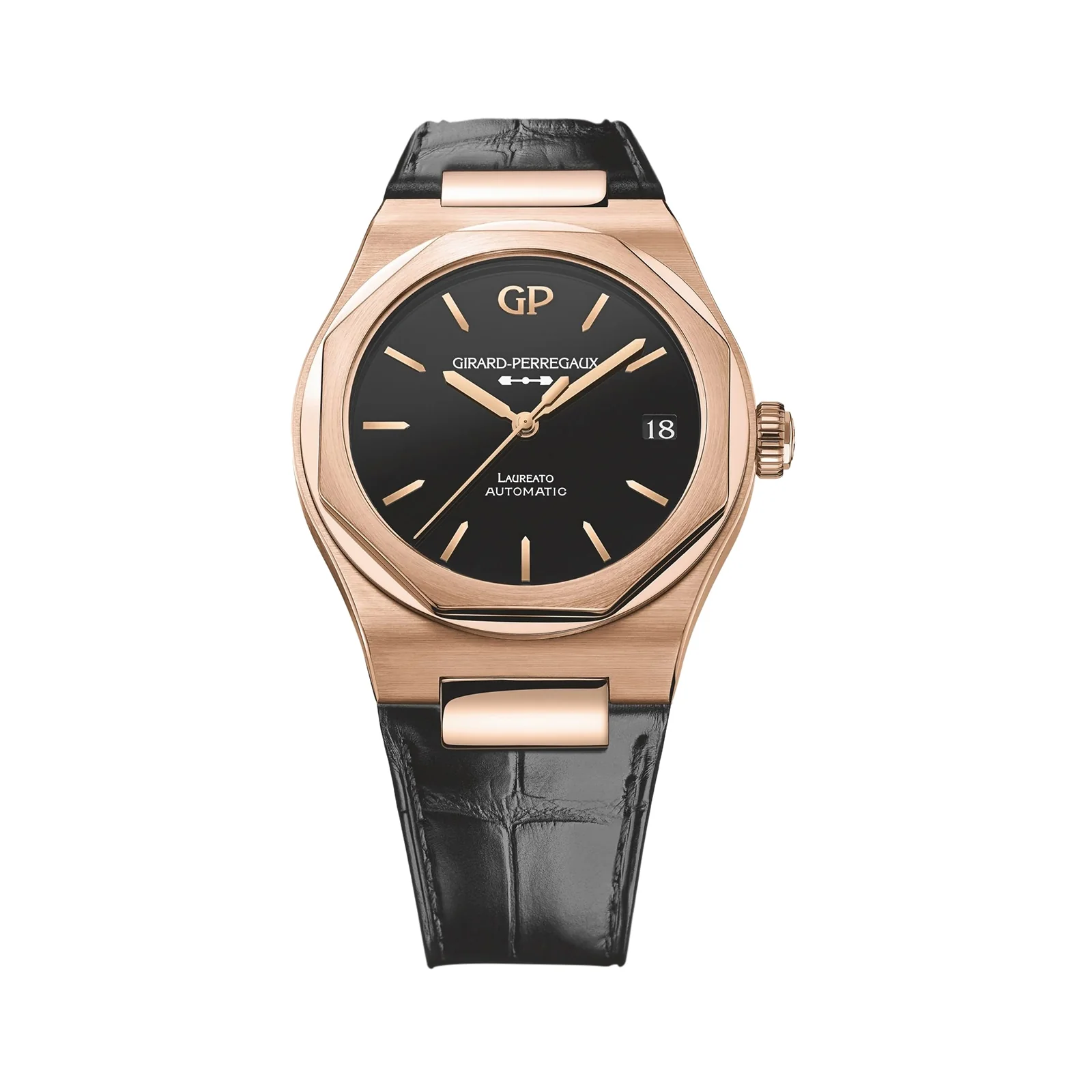 Laureato 42 | 42mm, 18K Rose Gold, Alligator Leather, Black Dial