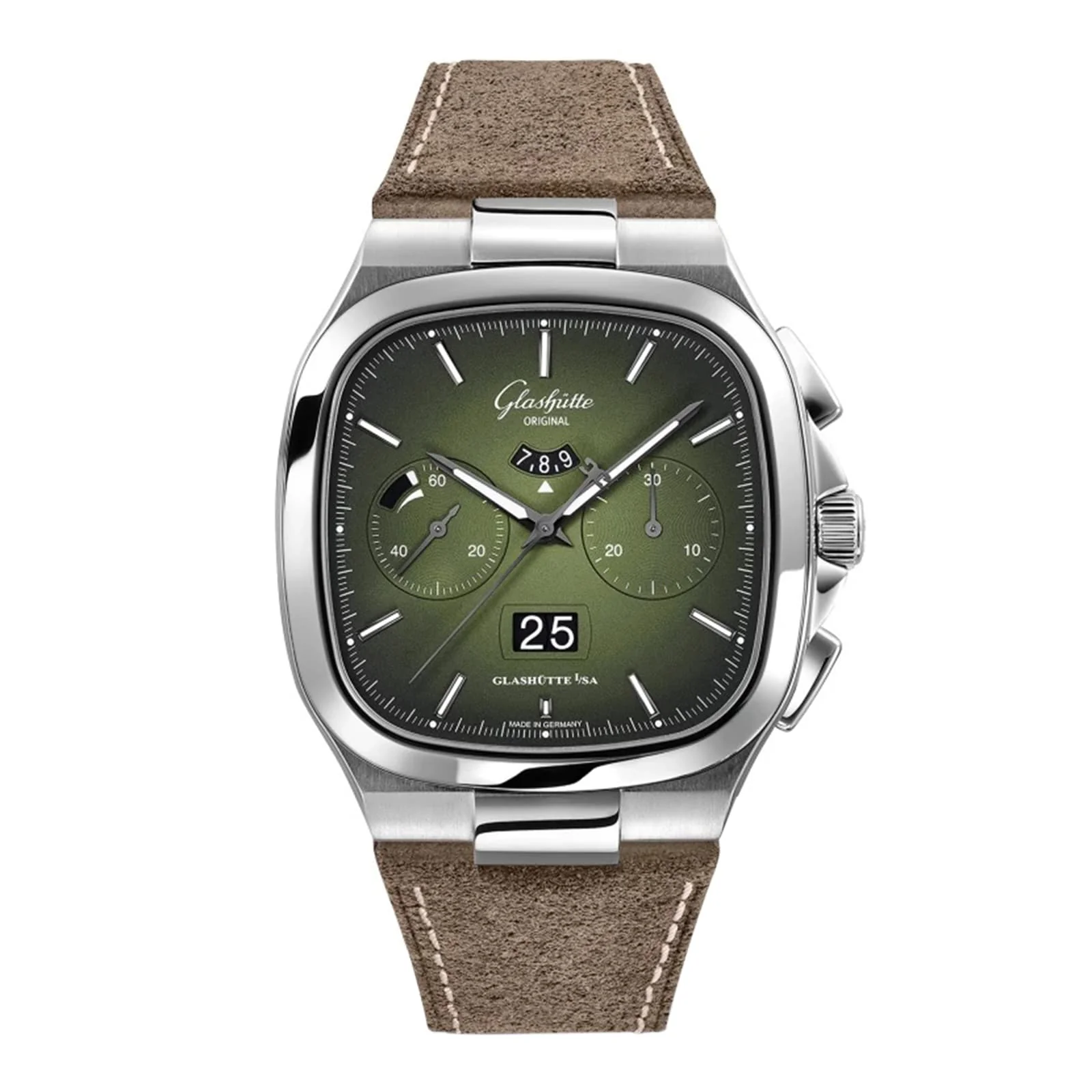 Seventies Chronograph Panorama Date | 40mm, Steel, Leather, Green Dial