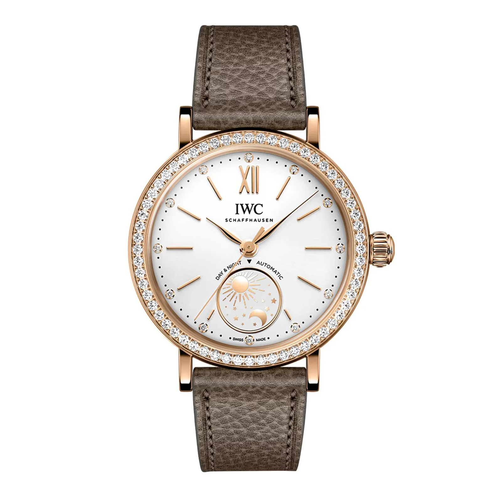 Portofino Automatic Day & Night 34 | 34mm, 18K Rose Gold, Leather, Silver Dial