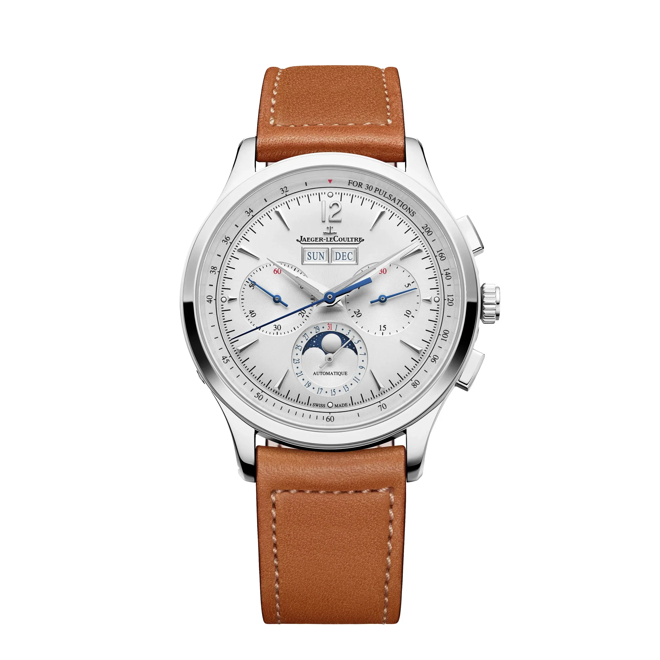 Master Control Chronograph Calendar | 40mm, Steel, Leather, White Dial