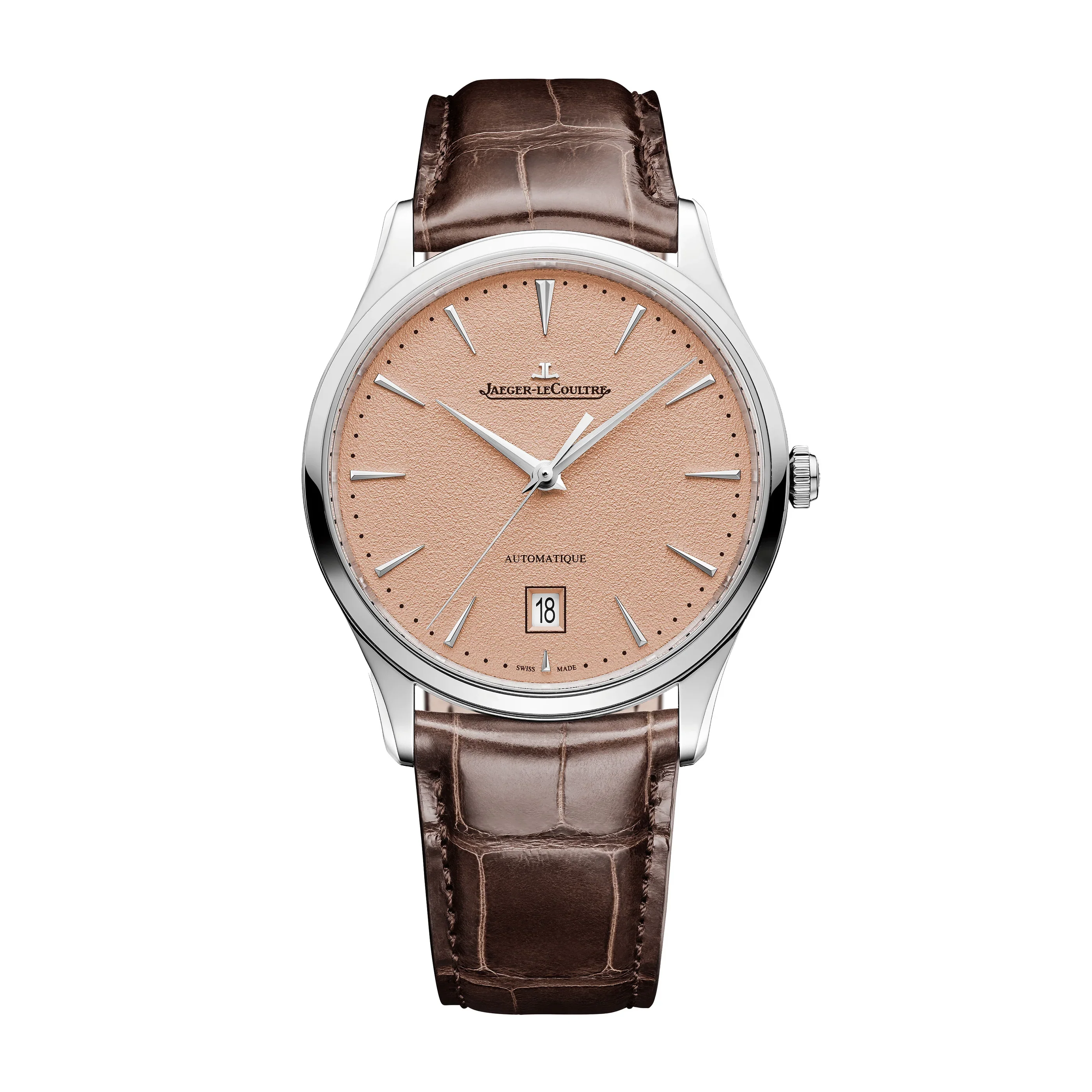 Master Ultra Thin Date | 39mm, Steel, Alligator Leather, Pink Dial