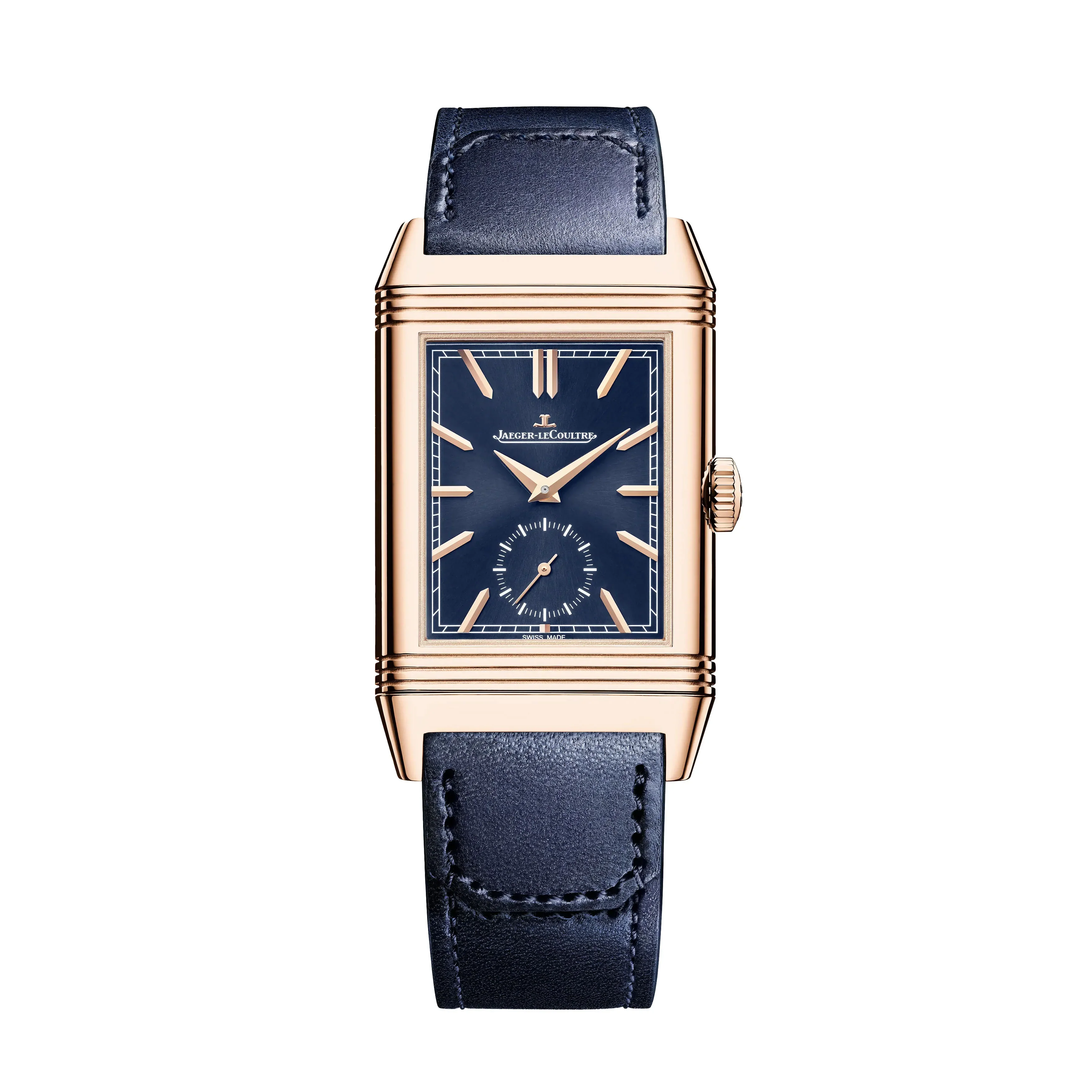 Reverso Tribute Duoface Small Seconds | 28.5mm, 18K Rose Gold, Leather, Blue Dial