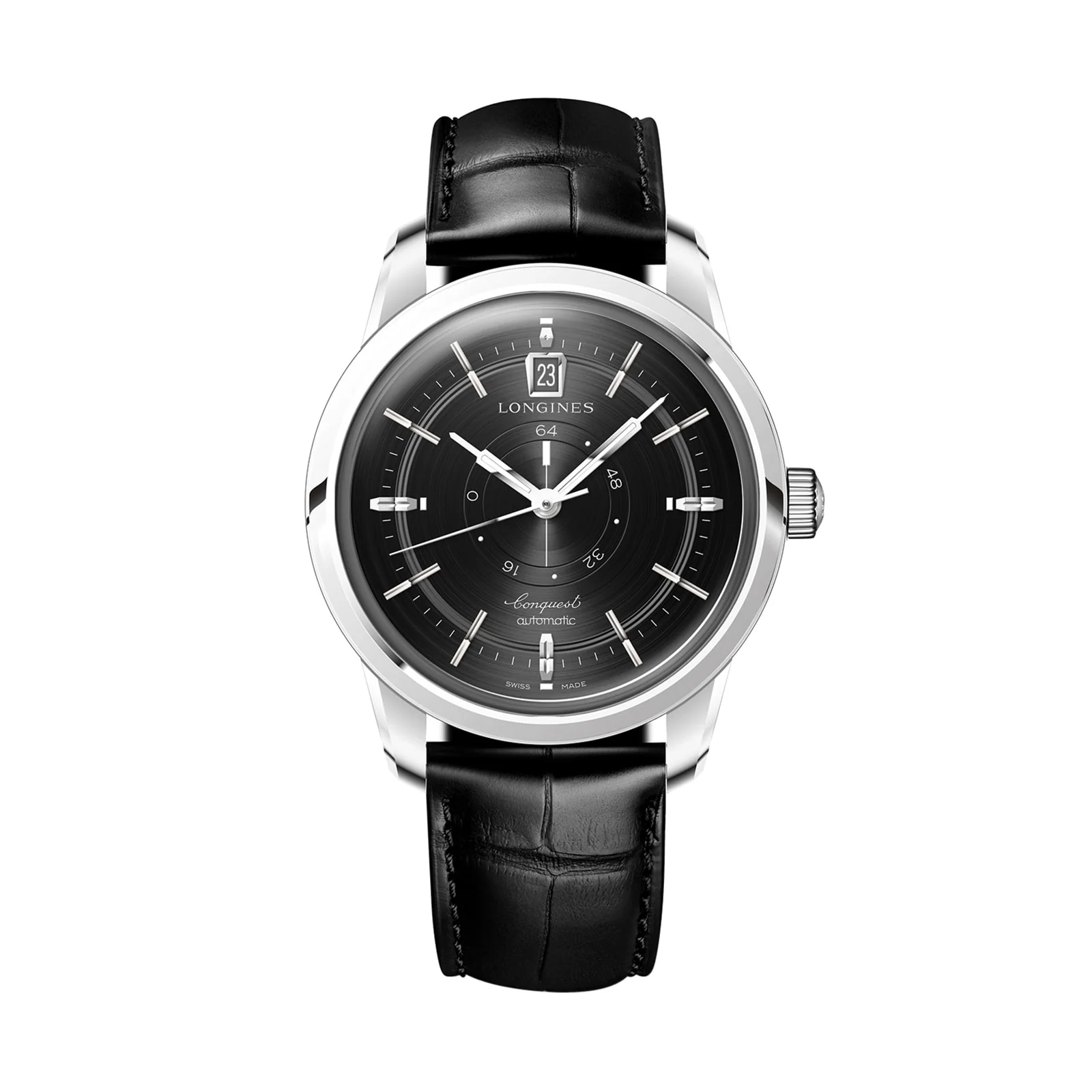 Conquest Heritage Central Power Reserve | 38mm, Steel, Alligator Leather, Black Dial