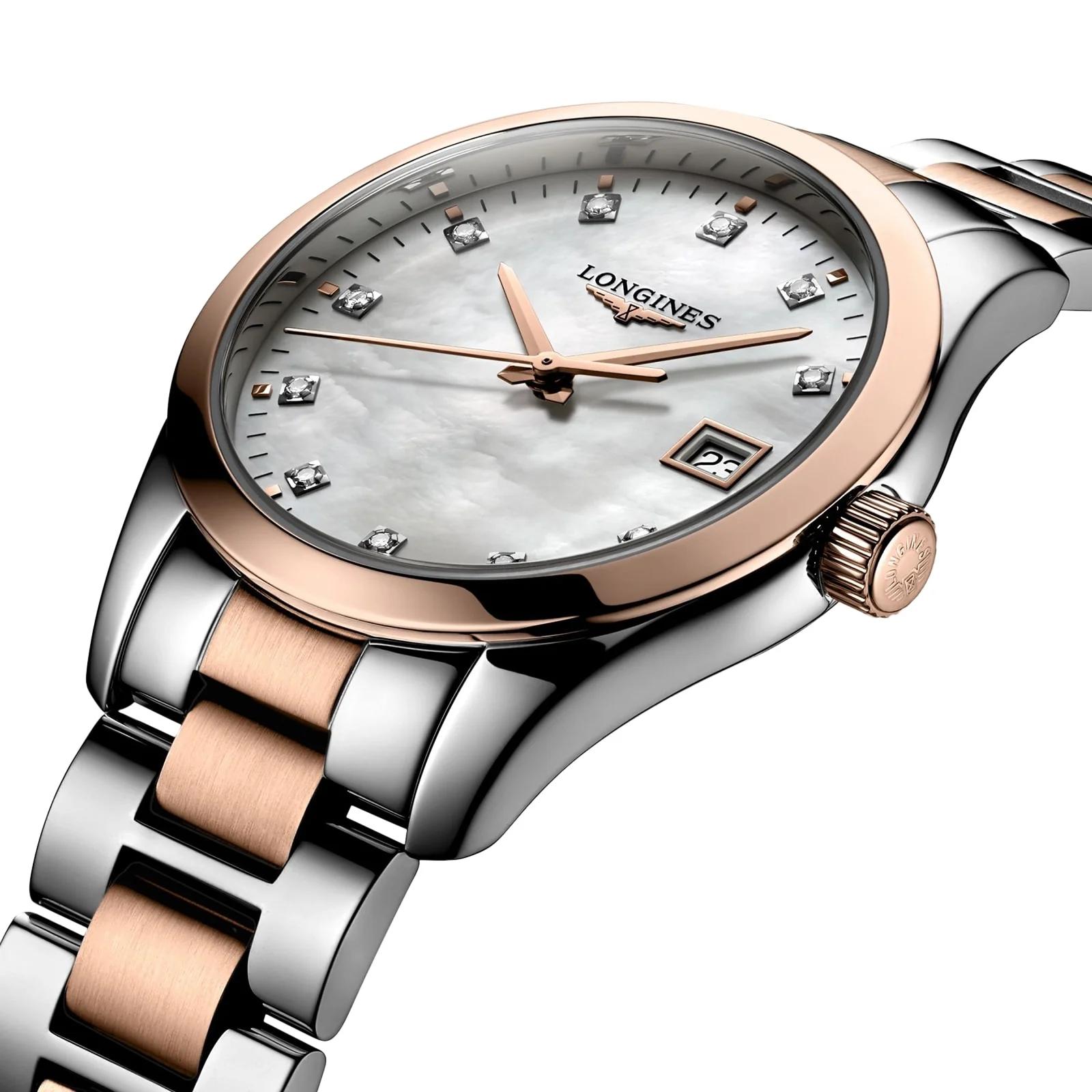 Conquest Classic | 34mm, Two-Tone Steel & PVD Rose Gold, Diamond White Dial - Image 2