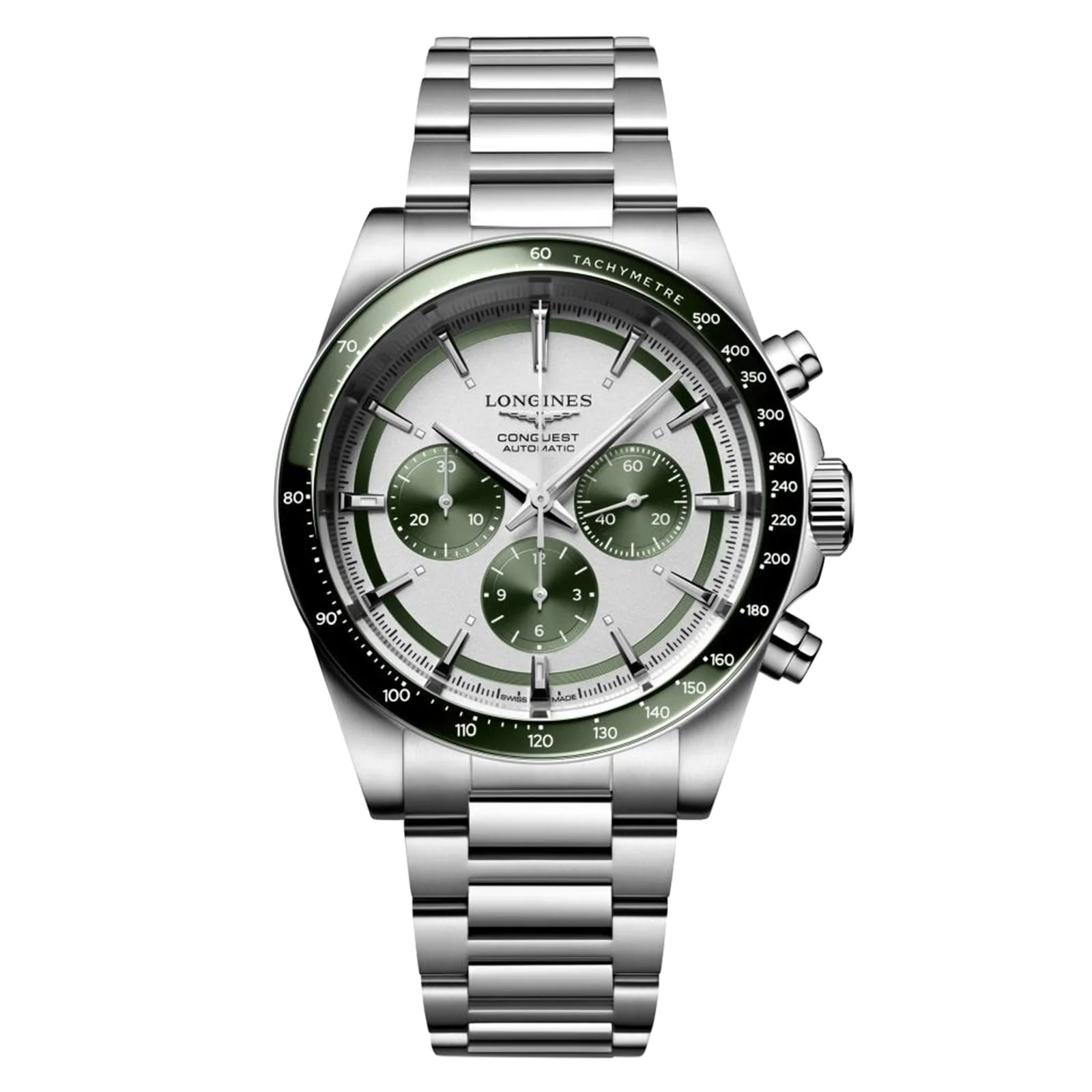 Conquest Chronograph | 42mm, Ceramic & Steel, Steel, Silver Dial, Green Bezel