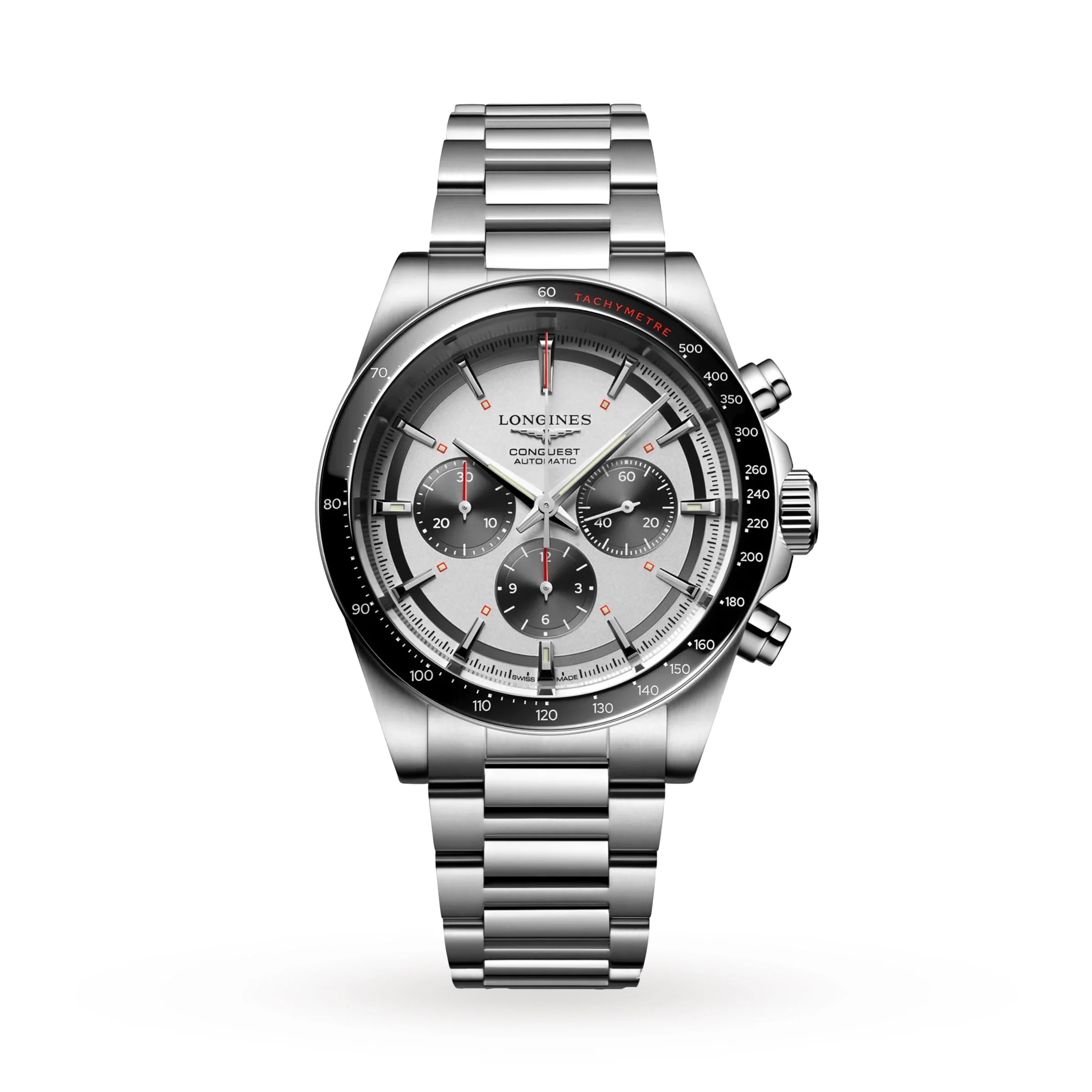 Conquest Chronograph | 42mm, Ceramic & Steel, Steel, Silver Dial, Black Bezel