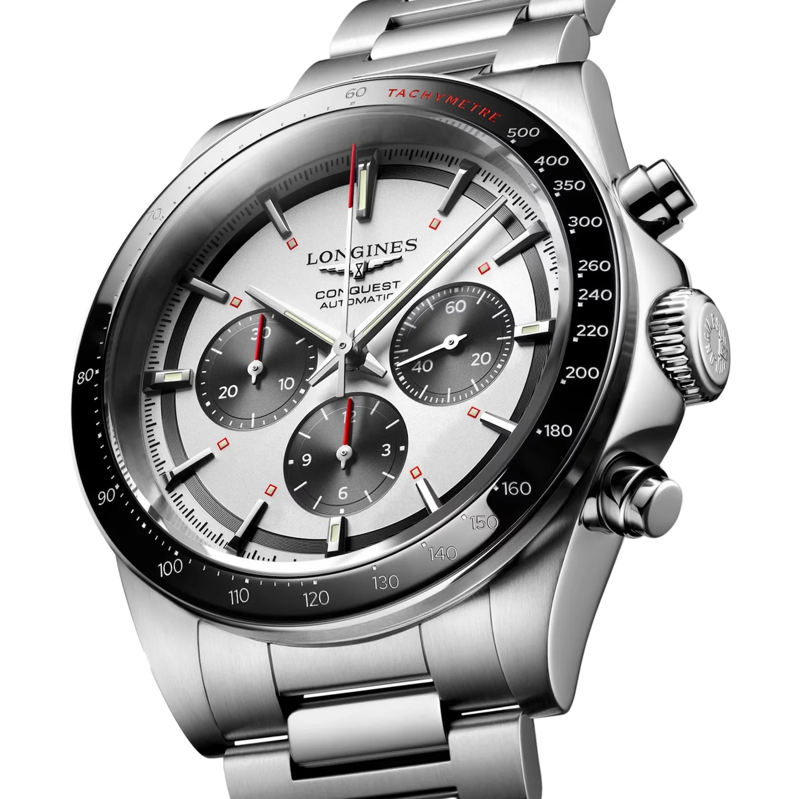 Conquest Chronograph | 42mm, Ceramic & Steel, Steel, Silver Dial, Black Bezel - Image 3