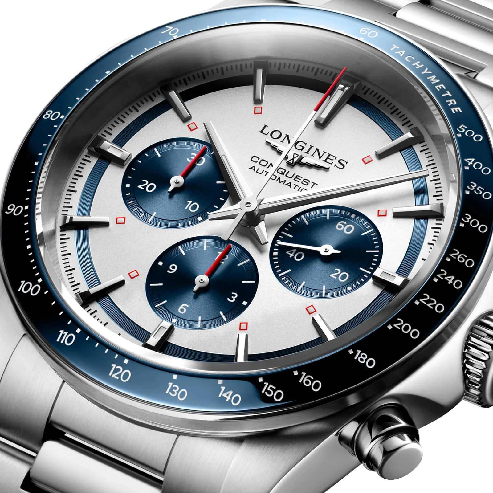 Conquest Chronograph | 42mm, Ceramic & Steel, Steel, Silver Dial, Blue Bezel - Image 5
