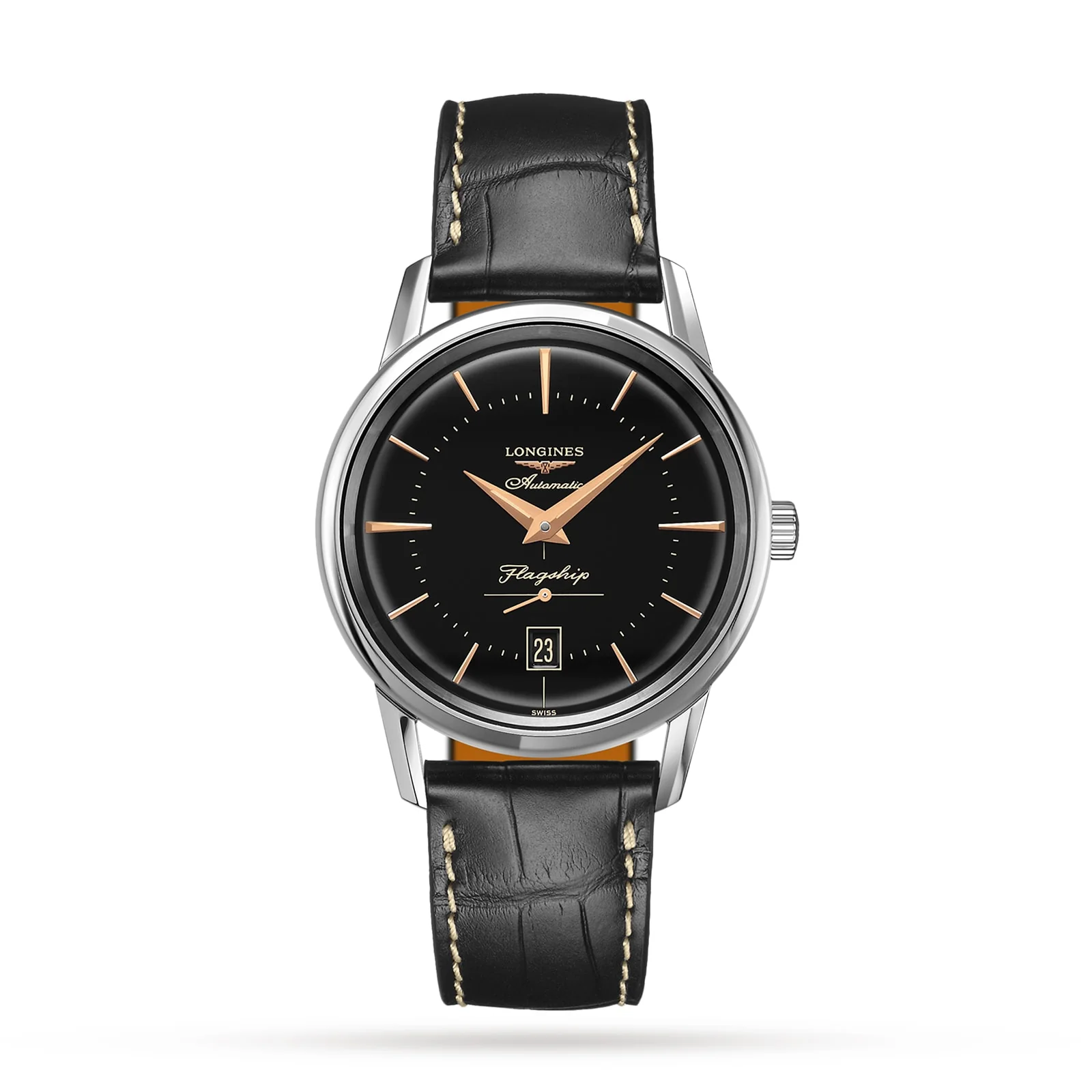 Flagship Heritage | 38.5mm, Steel, Alligator Leather, Black Dial