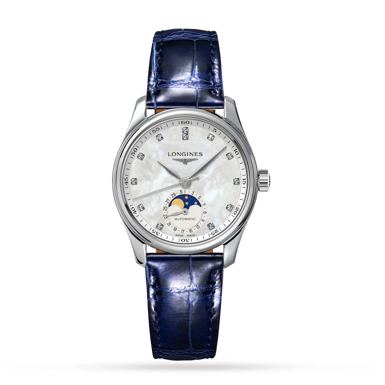 Master Collection Moonphase | 34mm, Steel, Alligator Leather, Diamond White Mother of Pearl Dial, Ref. L24094870