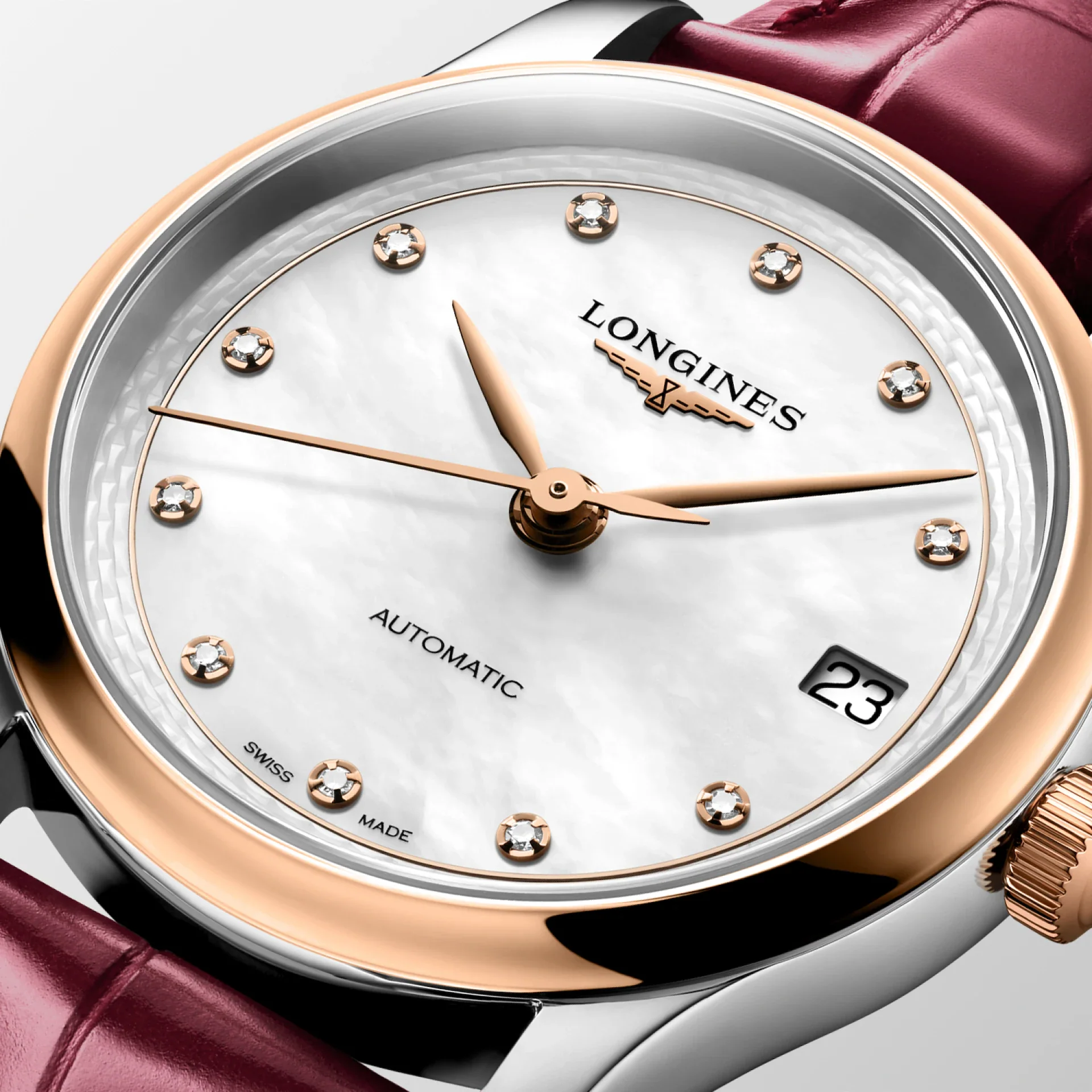 Master | 34mm, Stainless Steel and 18K Rose Gold, White mother-of-pearl Dial, Bordeaux Alligator Leather, Womens Watch - Image 3