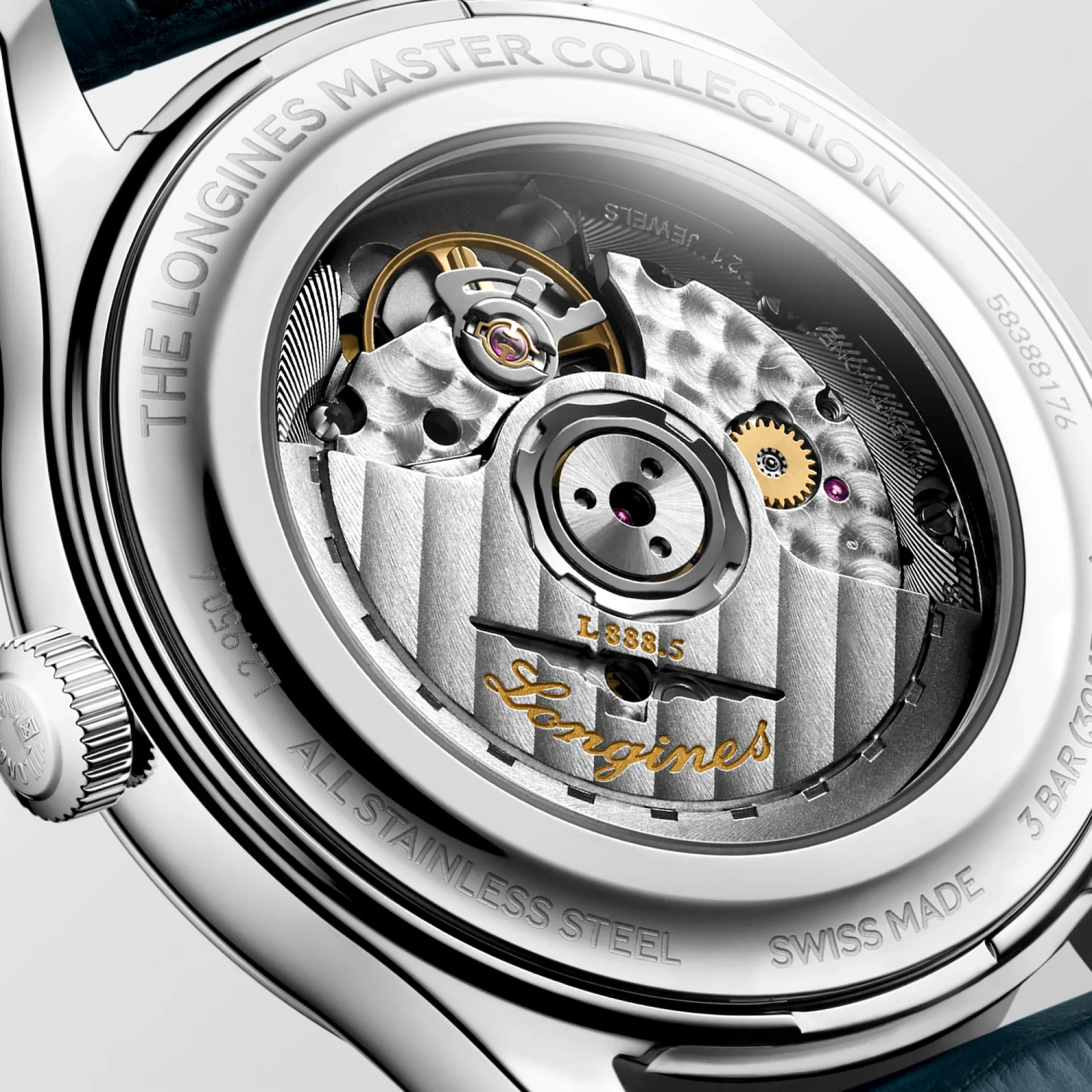 Master | 41mm, Stainless Steel, Silver "barleycorn" Dial, Blue Alligator Leather, Mens Watch - Image 3
