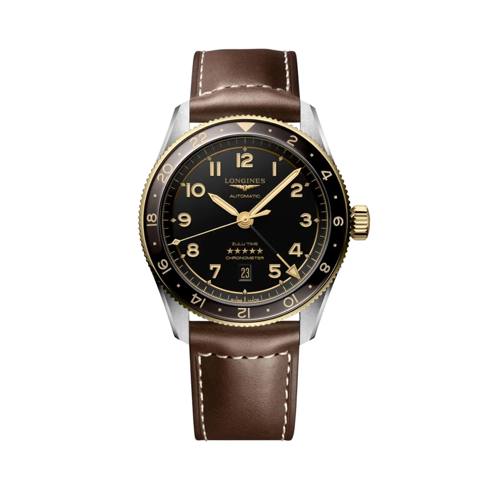 Spirit Zulu Time | 42mm, 18K Yellow Gold Plated Steel, Leather, Grey Dial