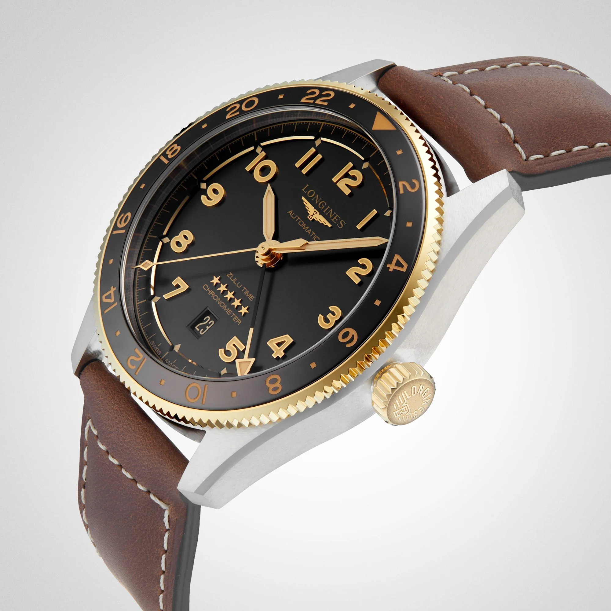 Spirit Zulu Time | 42mm, 18K Yellow Gold Plated Steel, Leather, Grey Dial - Image 5