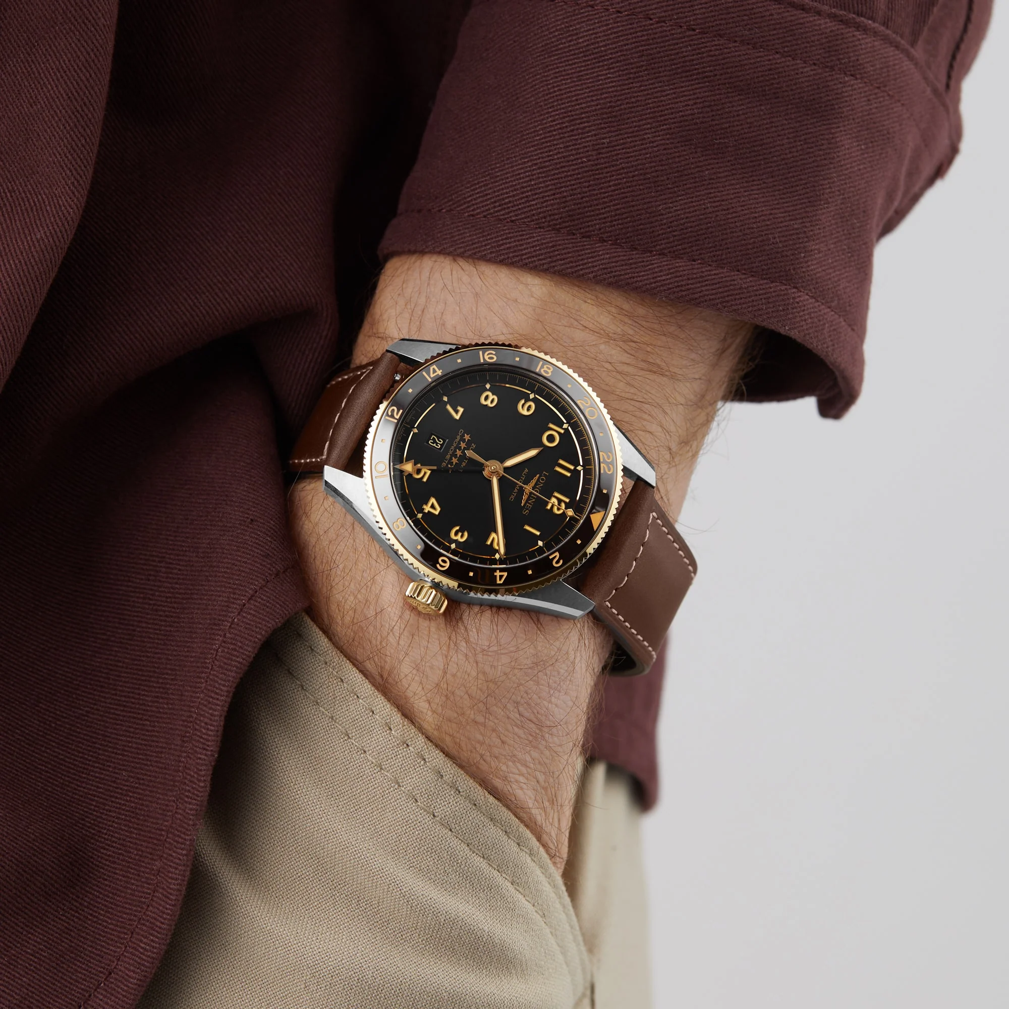 Spirit Zulu Time | 42mm, 18K Yellow Gold Plated Steel, Leather, Grey Dial - Image 7