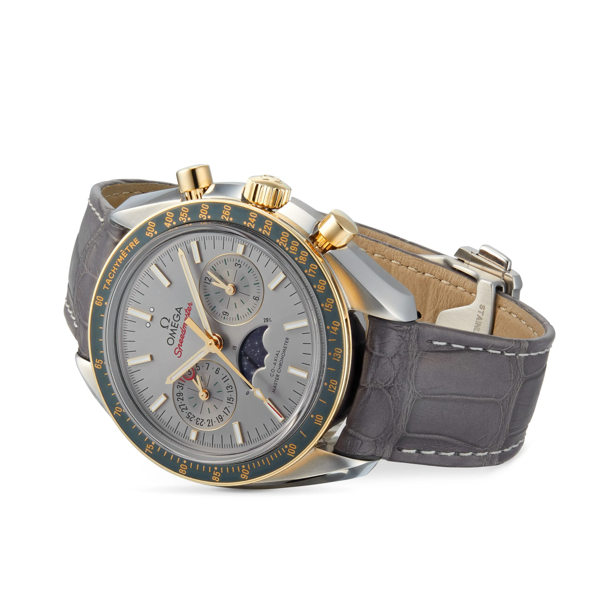 Speedmaster Moonphase | 44.25mm, Two-Tone Steel & 18K Yellow Gold, Alligator Leather, Grey Dial - Image 2