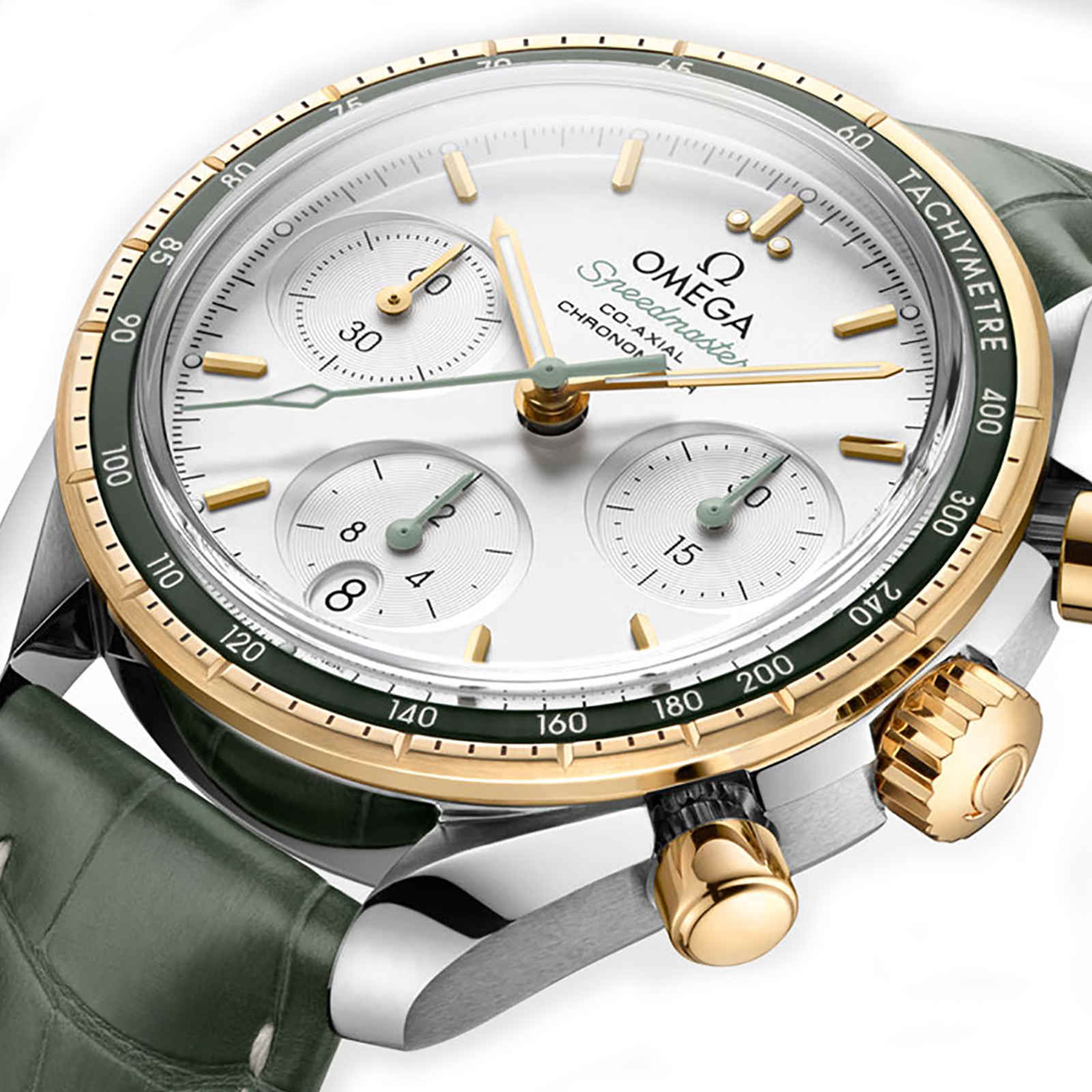 Speedmaster 38 | 38mm, Two-Tone Steel & 18K Yellow Gold, Alligator Leather, White Dial - Image 2