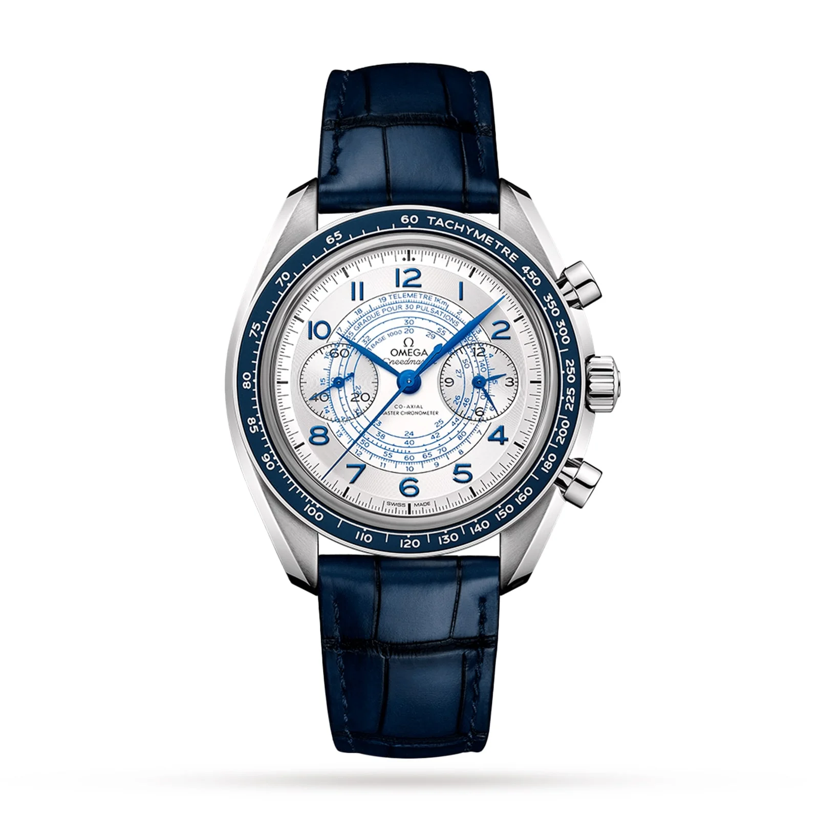 Speedmaster Chronoscope | 43mm, Steel, Leather, Silver Dial, Blue Bezel