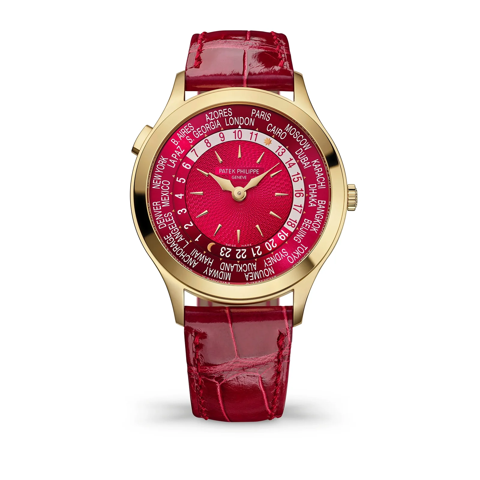 World Time 7129J-001 | 36mm, 18K Yellow Gold, Leather, Red Dial