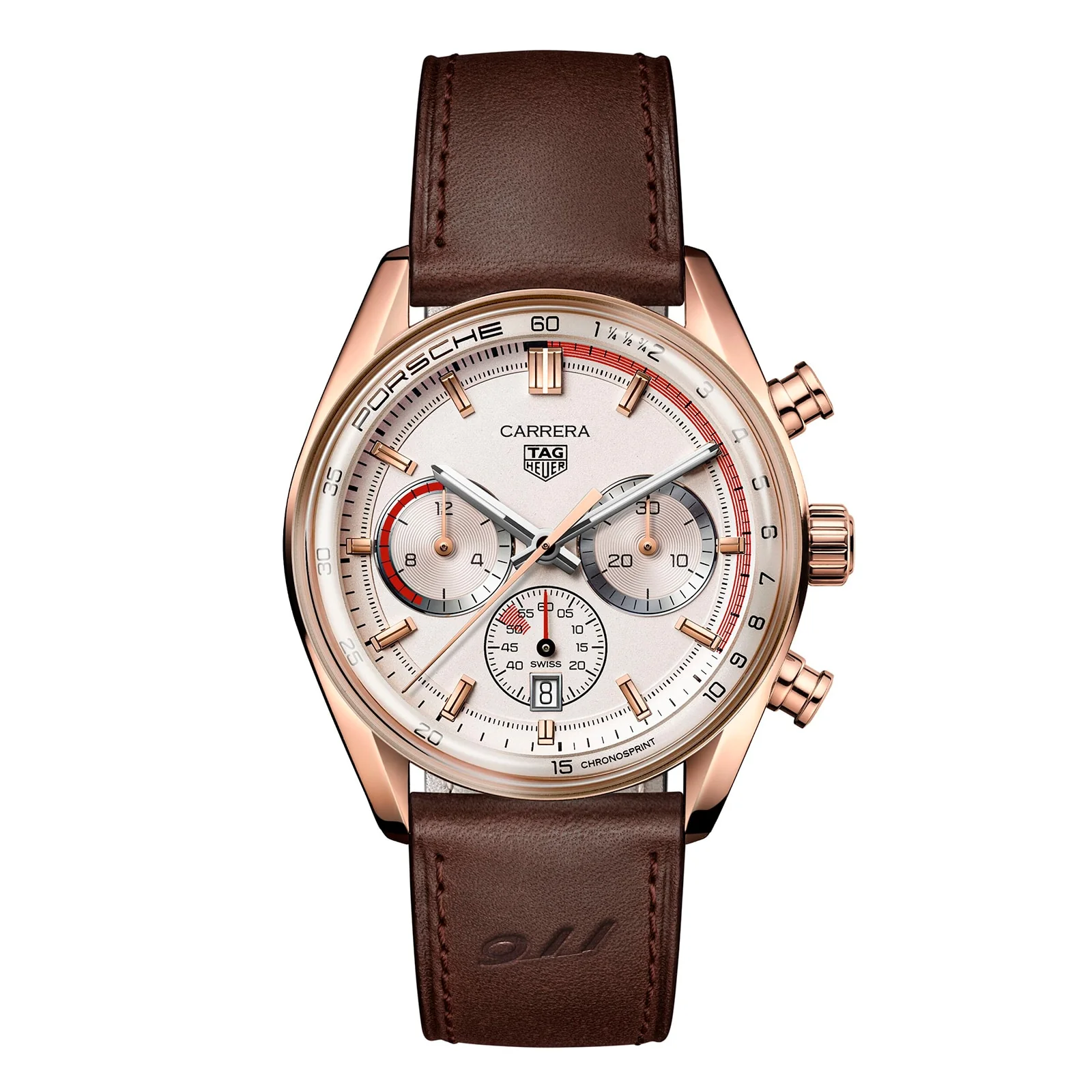 Special Edition Carrera Chronosprint x Porsche | 42mm, 18K Rose Gold, Leather, Silver Dial