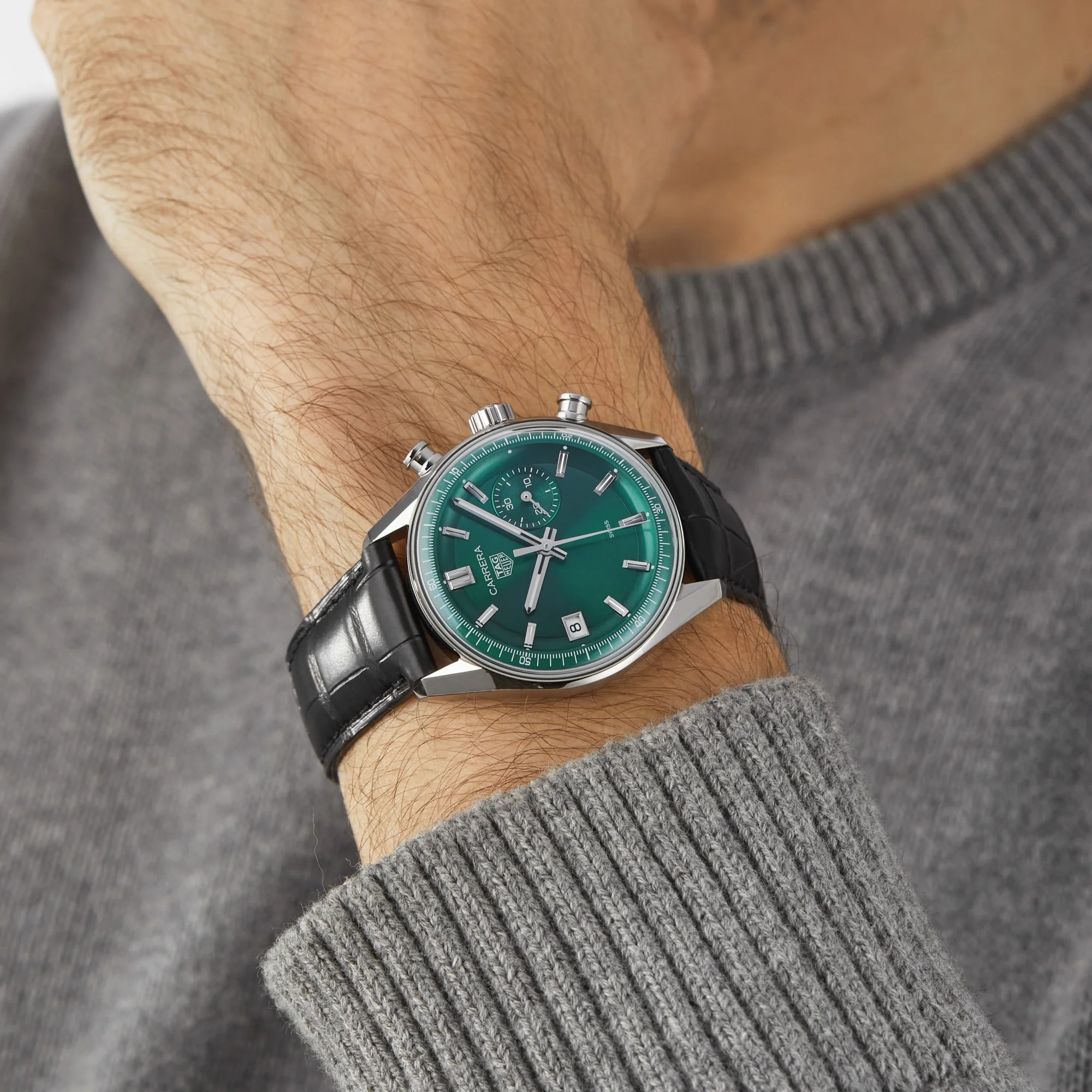 Carrera Chronograph | 39mm, Steel, Alligator Leather, Green Dial - Image 10
